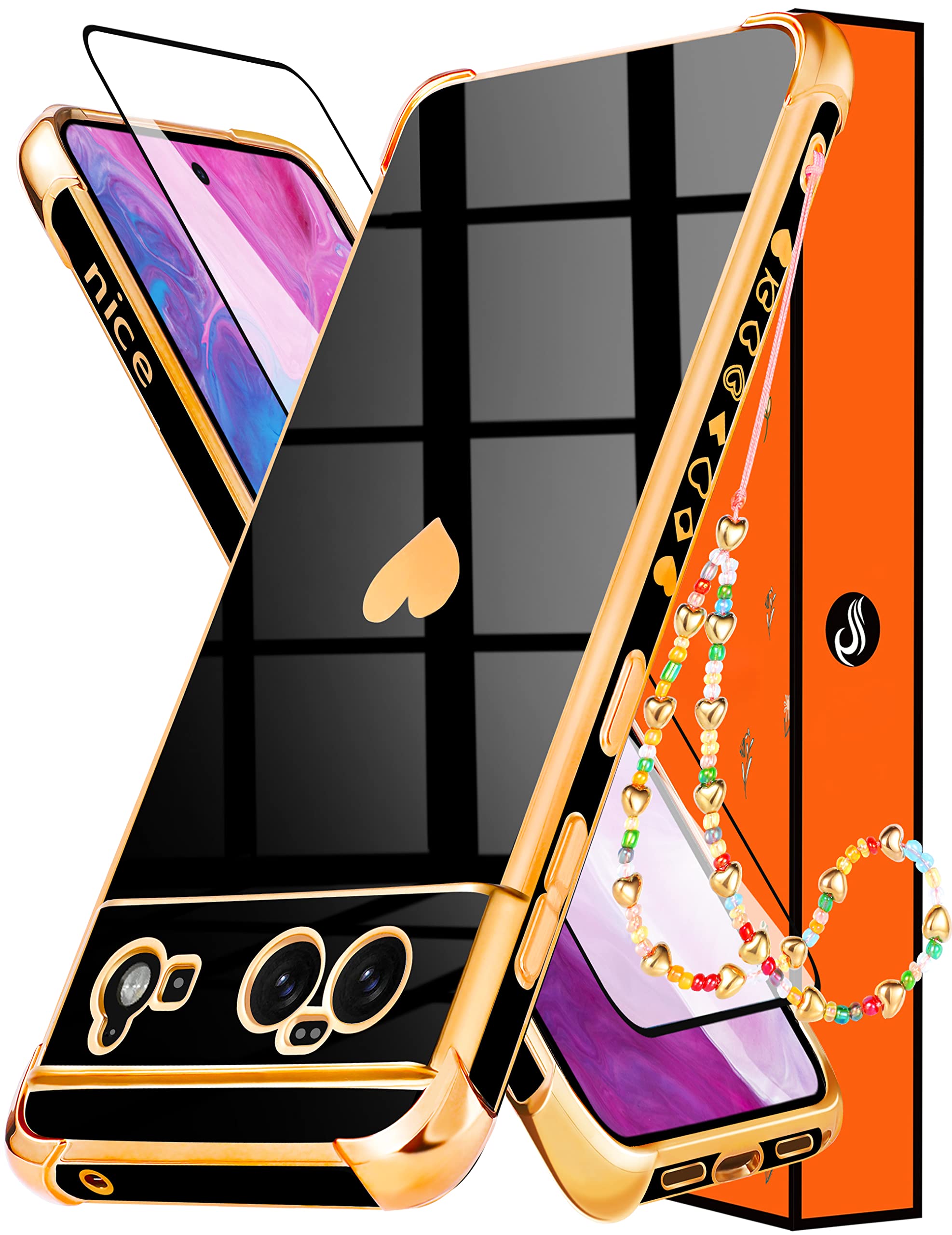 Photo 1 of 3 PACK OF Shorogyt (3in1 Heart Case for Google Pixel 6 Case 5G 6.4 Inch Women Cute Aesthetic Love Hearts Pattern Girls Black Gold Luxury Girly Design Phone Cases Cover+Screen+Chain for Pixel 6 Case 5G 6.4'' Only for Google Pixel 6 5G Black Solid Heart