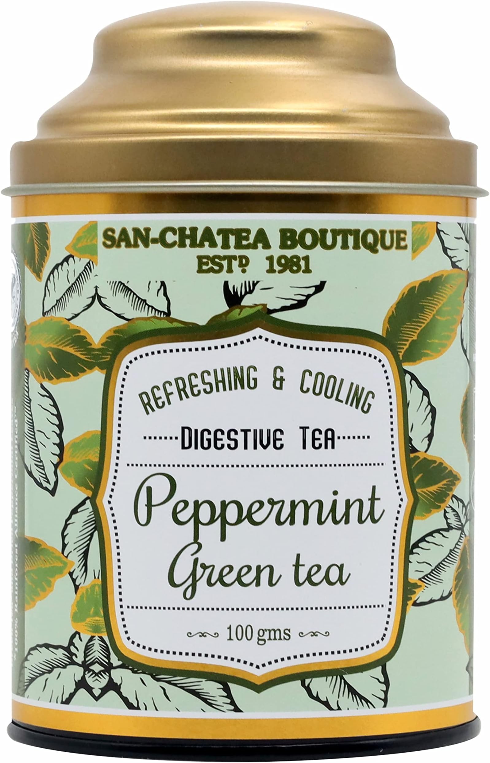 Sancha Tea Boutique, Peppermint Green Tea, 100g Loose Leaves, Refreshing & Cooling Herbal Blend, Rainforest Alliance Certified