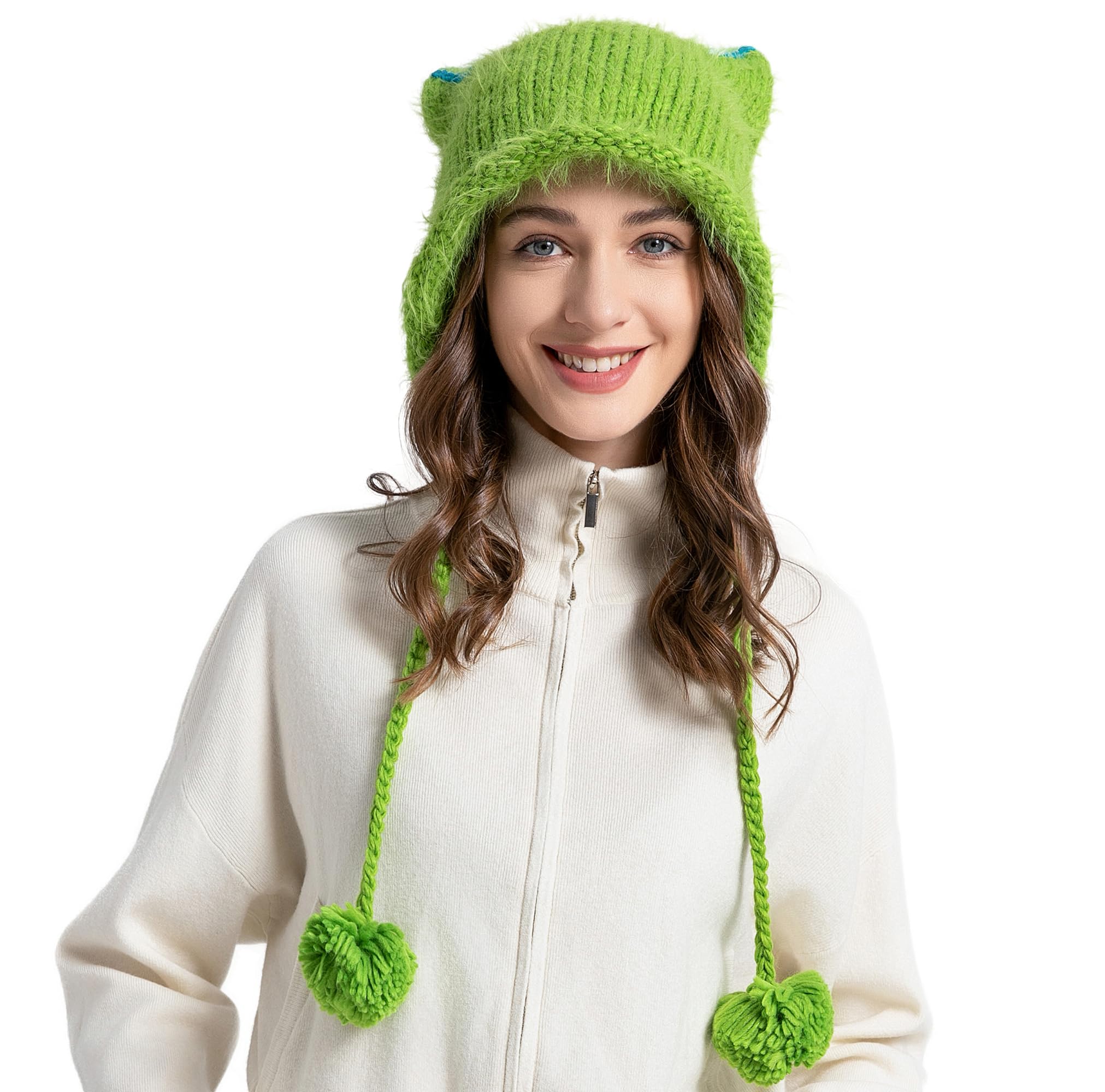 ZLYC Women Crochet Hat Knit Cat Ear Slouchy Beanie Cute Vintage Grunge Fuzzy Hat(Pom Pom Neon),One Size