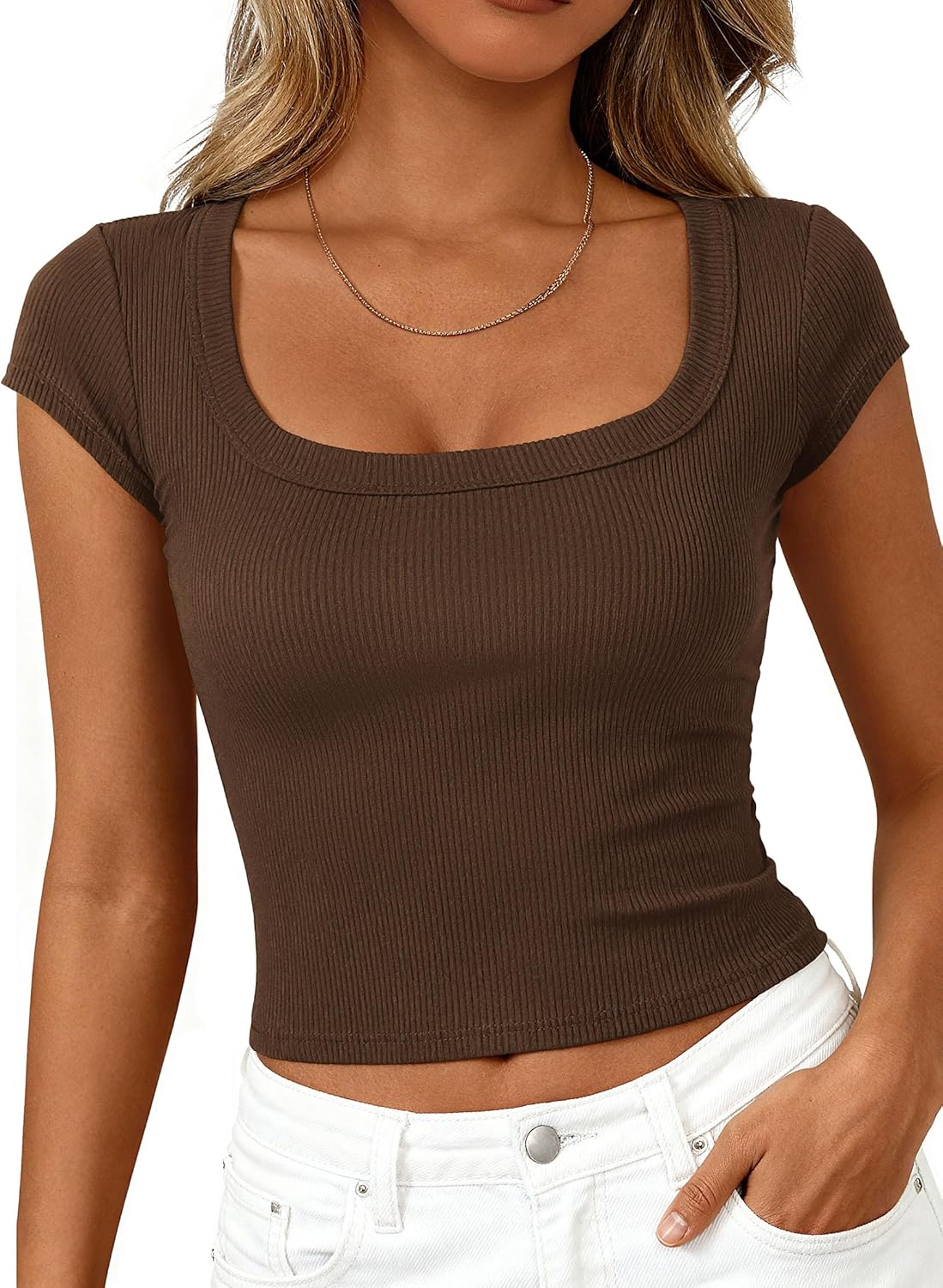 PRETTYGARDEN Womens Cap Sleeve T Shirts 2026 Square Neck Basic Tees Slim Fit Ribbed Knit Spring Going Out Tops Summer Clothes - Image 7