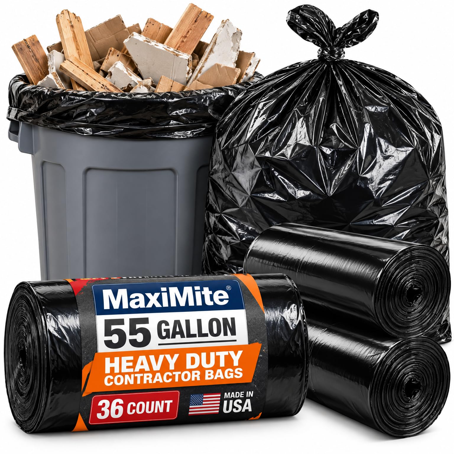 MaxiMite 55 Gallon Trash Bags 10 Count| Extra Large Black Garbage Bags | Fits Standard 55 Gal Cans | Home, Lawn, Yard, Kitchen & Office Use | Large Everyday Can Liners (10 Count)