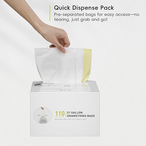 Miniatura 8 de EKO Bolsas de basura de 21 galones  50-90 litros, 110 bolsas de basura con cordón, bolsas de basura extrafuertes sin perfume, rollo de fácil