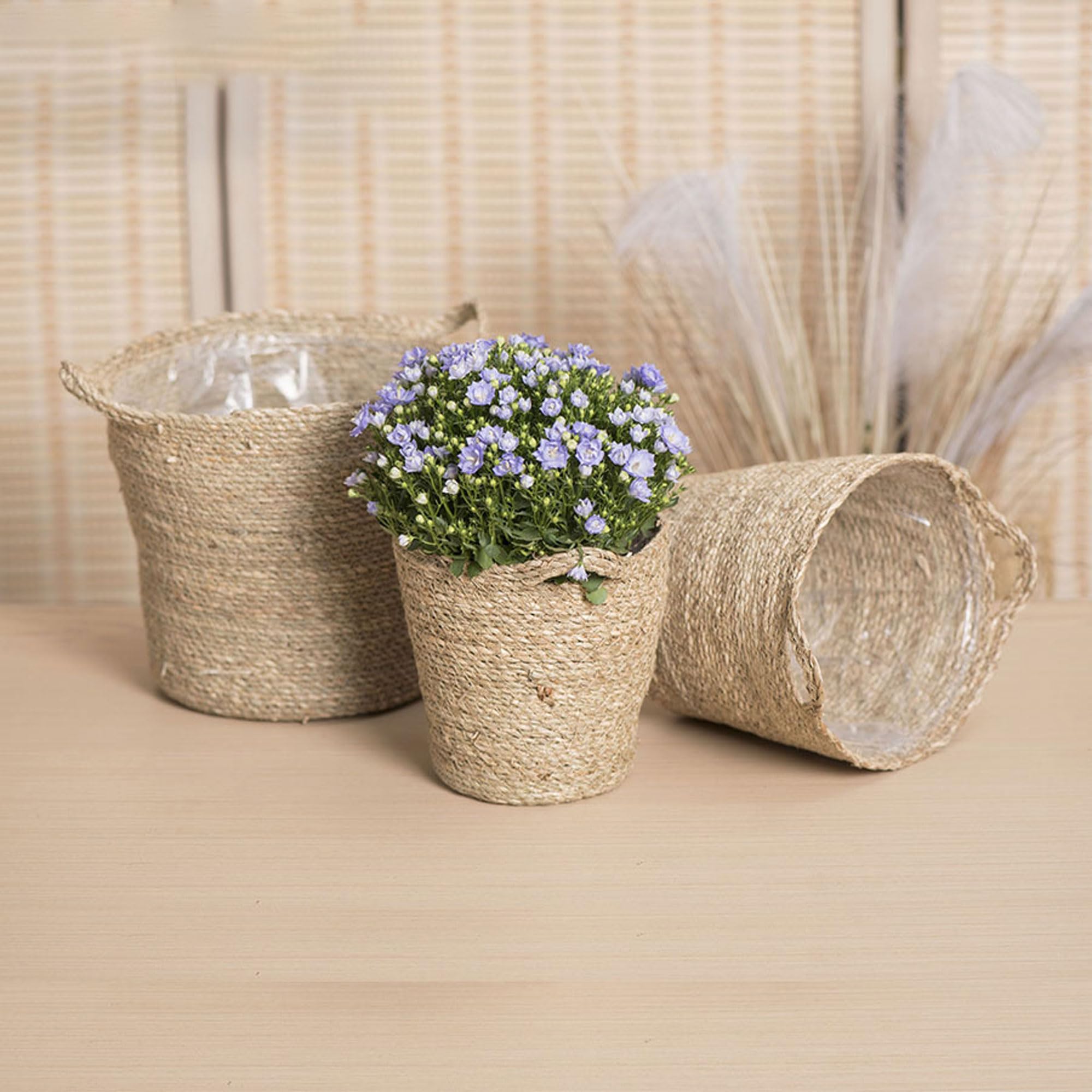 Set de 1 Pot Intérieur en Jonc avec Doublure Plastique, Panier Tressé en Osier pour Plantes Intérieur Extérieur, Déco Rustique Ferme Maison Jardin