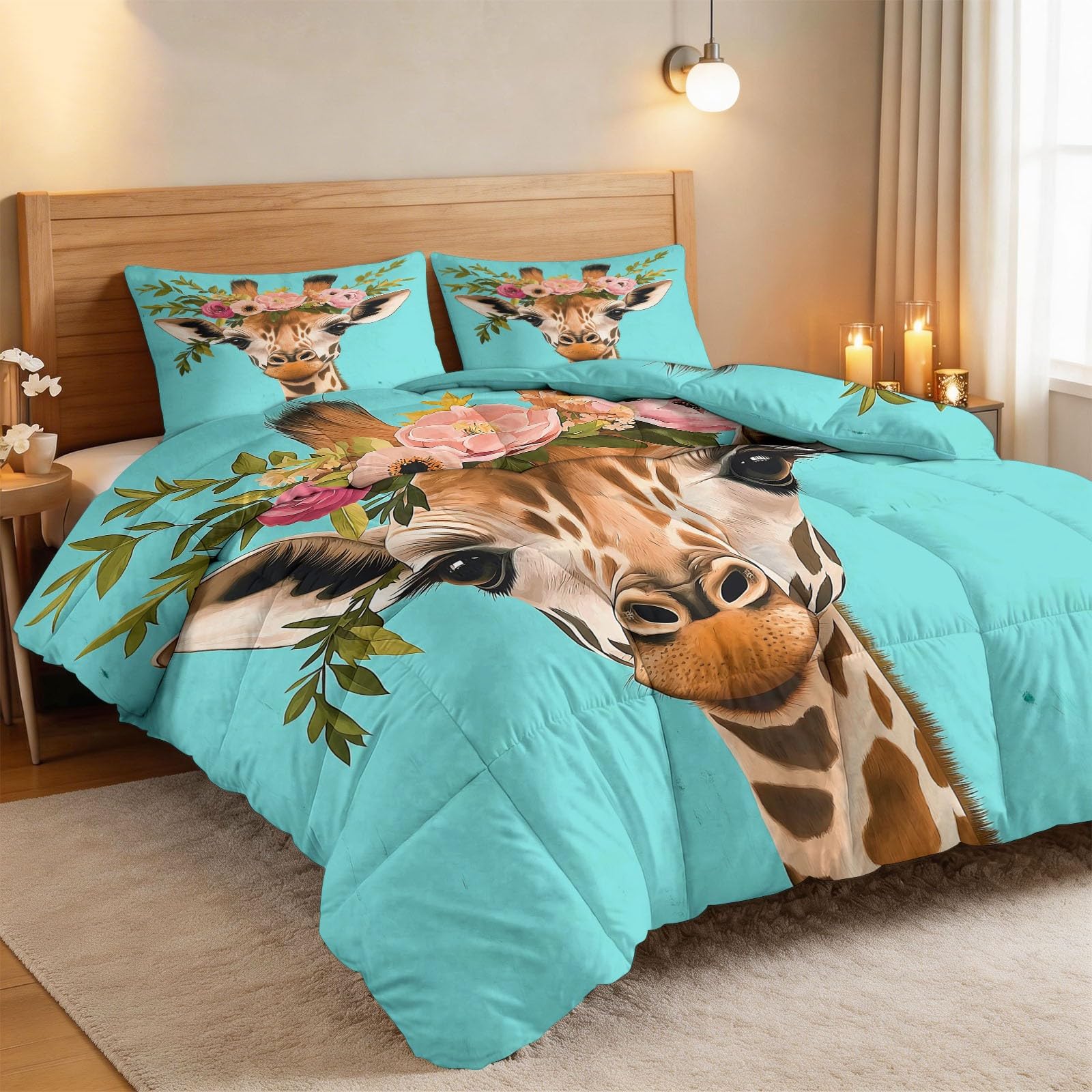 CozyRest Edredon Relleno nordico Cama Infantil Algodón - Jirafa Estilo Bohemio Cama 105 - Bebe rellena Juego de Manta 200x200 cm con Almohada 50 x 75 cm por niños e niñas Turquesa