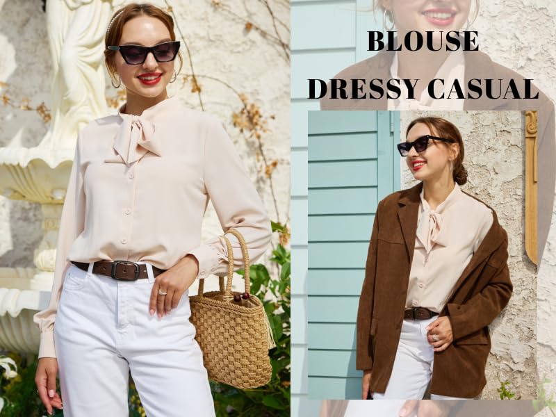 Kate Kasin Women Bow Tie Neck Office Blouse Button Down Long Sleeve Bodysuits Blouse Top - Image 7