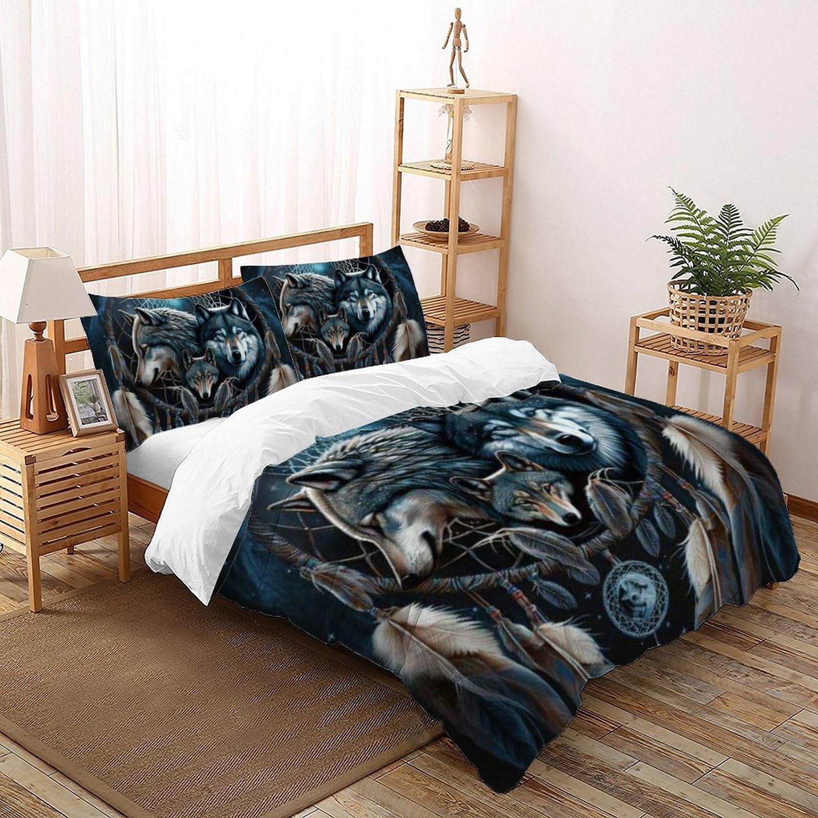 Housse de couette loup 260x220 anti-plis avec taies pour lit super king
