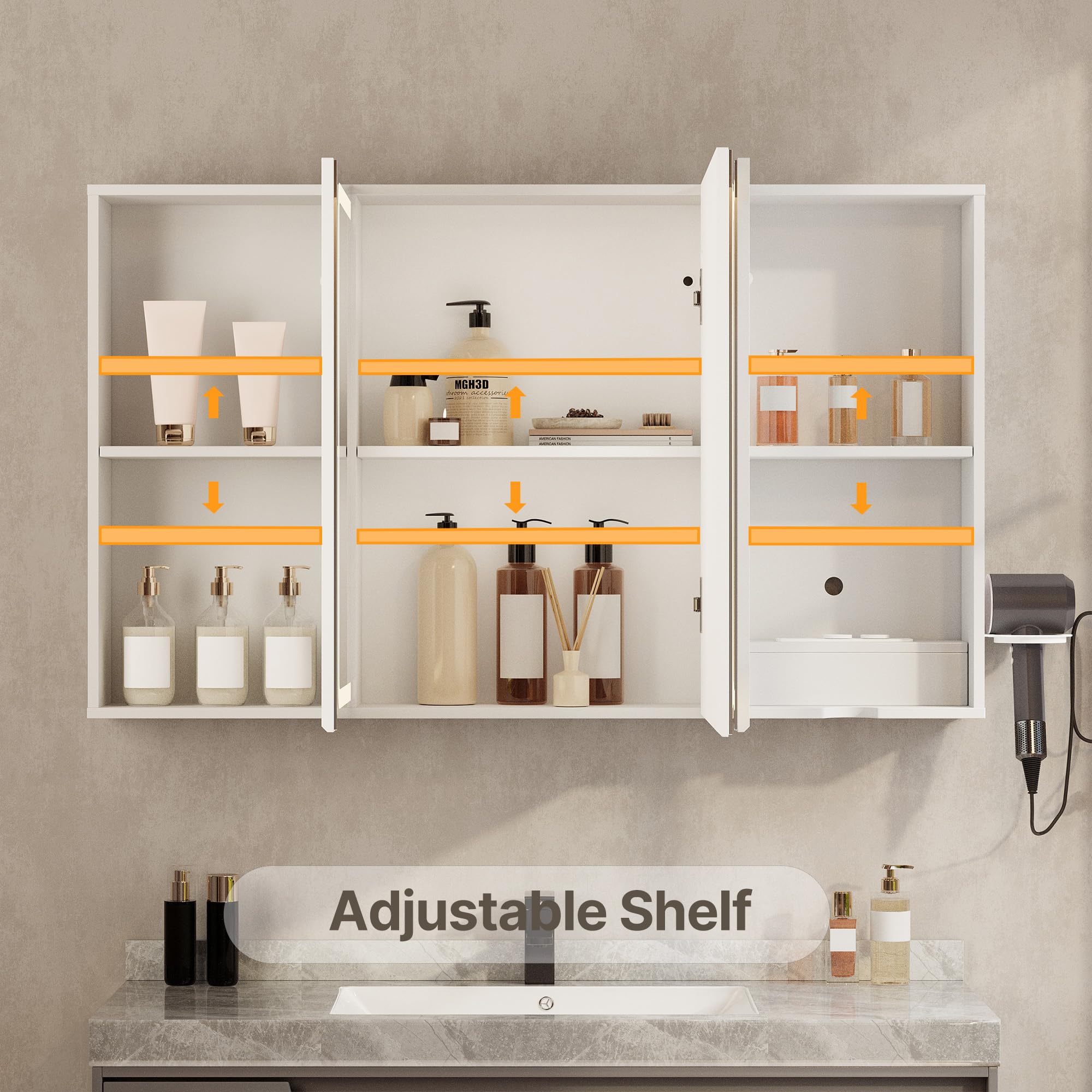 Xbro Spiegelschrank Bad mit LED-Beleuchtung 100×16×60 mit Steckdose, Seitenablage, verstellbaren Spiegeltüren, Weiß