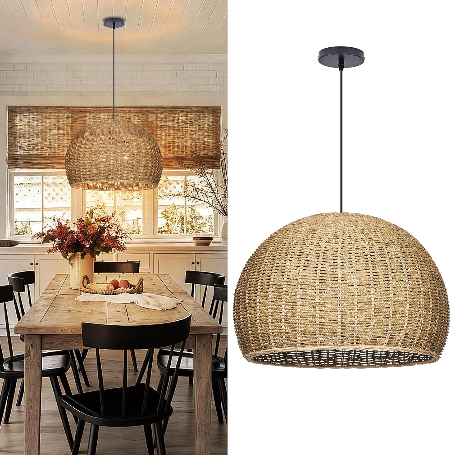 Arturesthome 2-Light Rustic Farmhouse Rattan Pendant Light,19.68in Large Dome Hand Woven Ceiling Mounted Rattan Chandelier,Coastal Beach Ceiling Hanging Light for Kitchen,Dining Room