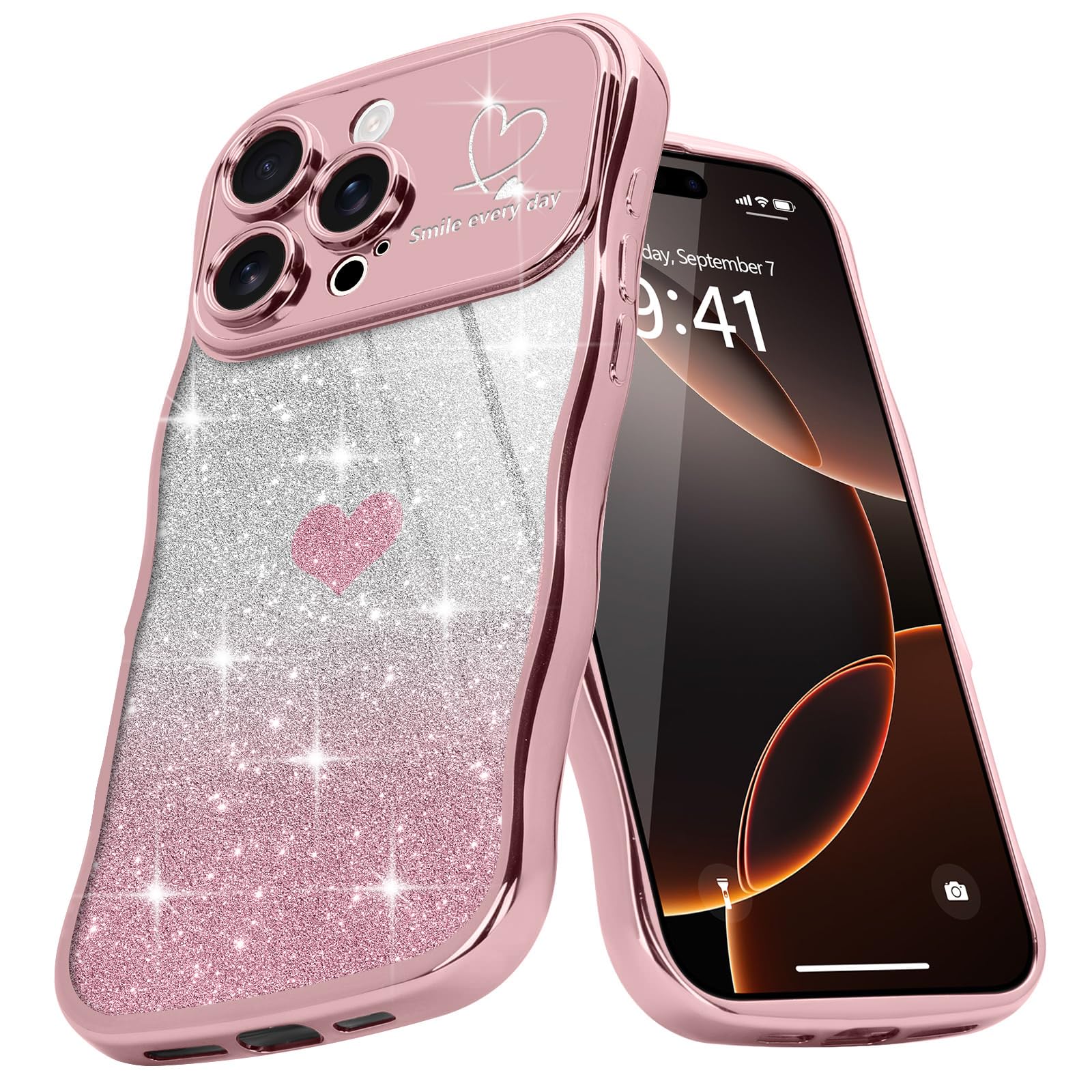 Teageo for iPhone 16 Pro Case for Women Girls Cute Curly Wavy Love Heart Glitter Bling Camera Protection Sparkly Luxury Elegant Shockproof Cover Clear