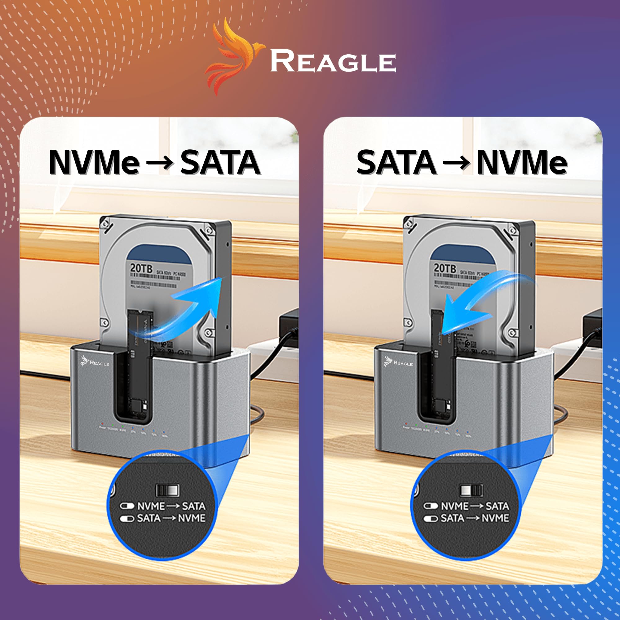 Reagle Stacja Dokująca Dysku SSD HDD SATA 2.5 3.5 NVMe M.2 USB C, USB 3.2 Gen2 10 Gb/s, 28TB, Adapter Klonowanie Offline Dual Szybki Transfer Kompatybilna z PC Laptop Mac Linux