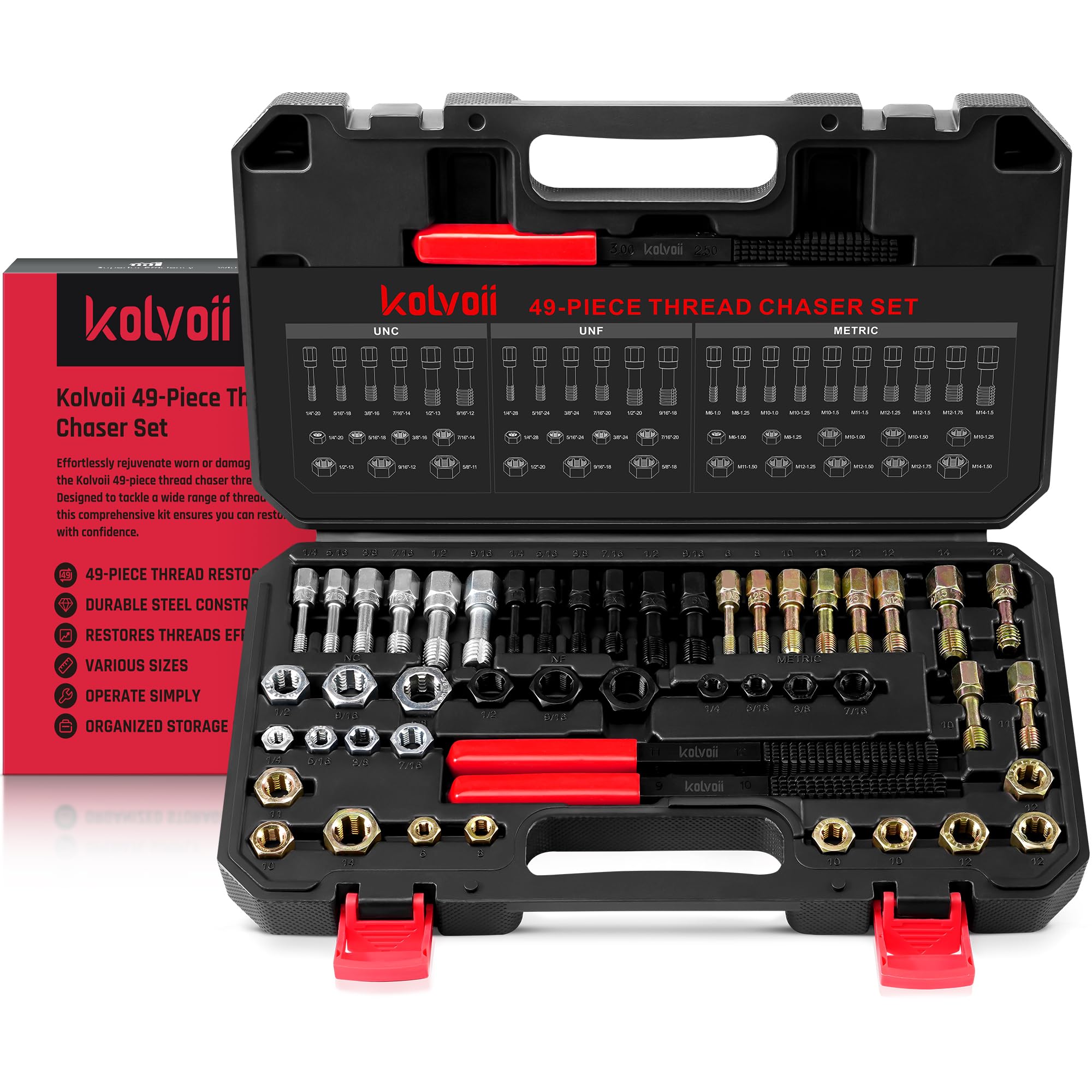 Kolvoii 49-Piece Thread Chaser Set, Rethread Repair Tool, UNC, UNF, & Metric Thread Repair Kit, Designed to Repair and Clean Damaged or Dirty Threads on Nuts, Bolts, and Threaded Holes