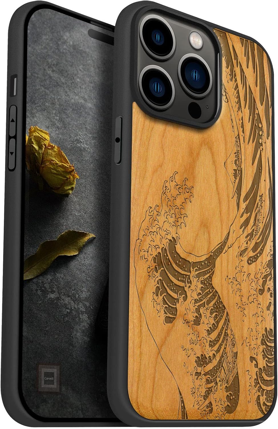 Carveit Magnetic Wood Case for iPhone 14 Pro Max [Natural Wood & Black Soft TPU] Shockproof Protective Cover Wooden Case Compatible with magsafe (The Great Wave Off Kanagawa -Rosy)