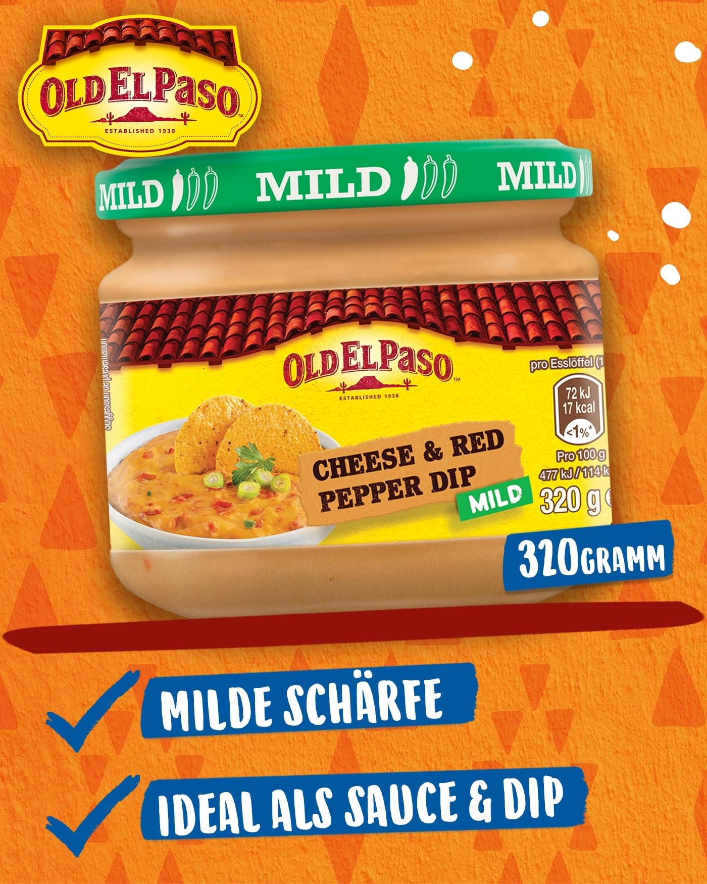 Old El Paso Tortilla Salsa Dip Cheese and Red Pepper - Sauce au fromage douce et crémeuse avec pépites de poivron - 1 x 320 g