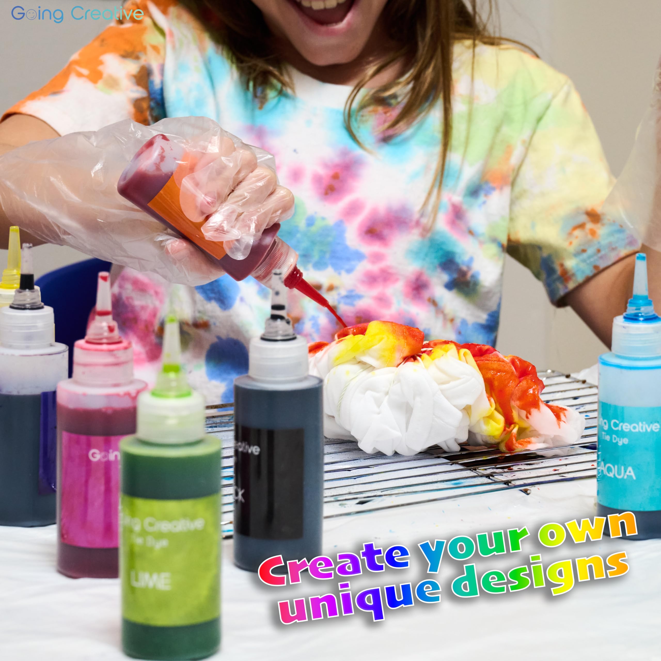 Going Creative All-in-One Tie Dye Kit - Tie Dye Party Pack with 12 Colors in 18 Pre-Filled Bottles, Gloves, Rubber Bands & More - Top Arts and Crafts for Kids 4 & Up - Large Groups - Image 6