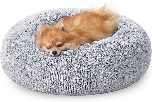 Feandrea Fluffy Dog Bed, Cat Bed, Doughnut Cushion, Washable, Removable Padding in the Centre, Long Plush, 60 cm Diameter, Ombre Grey PGW038G01