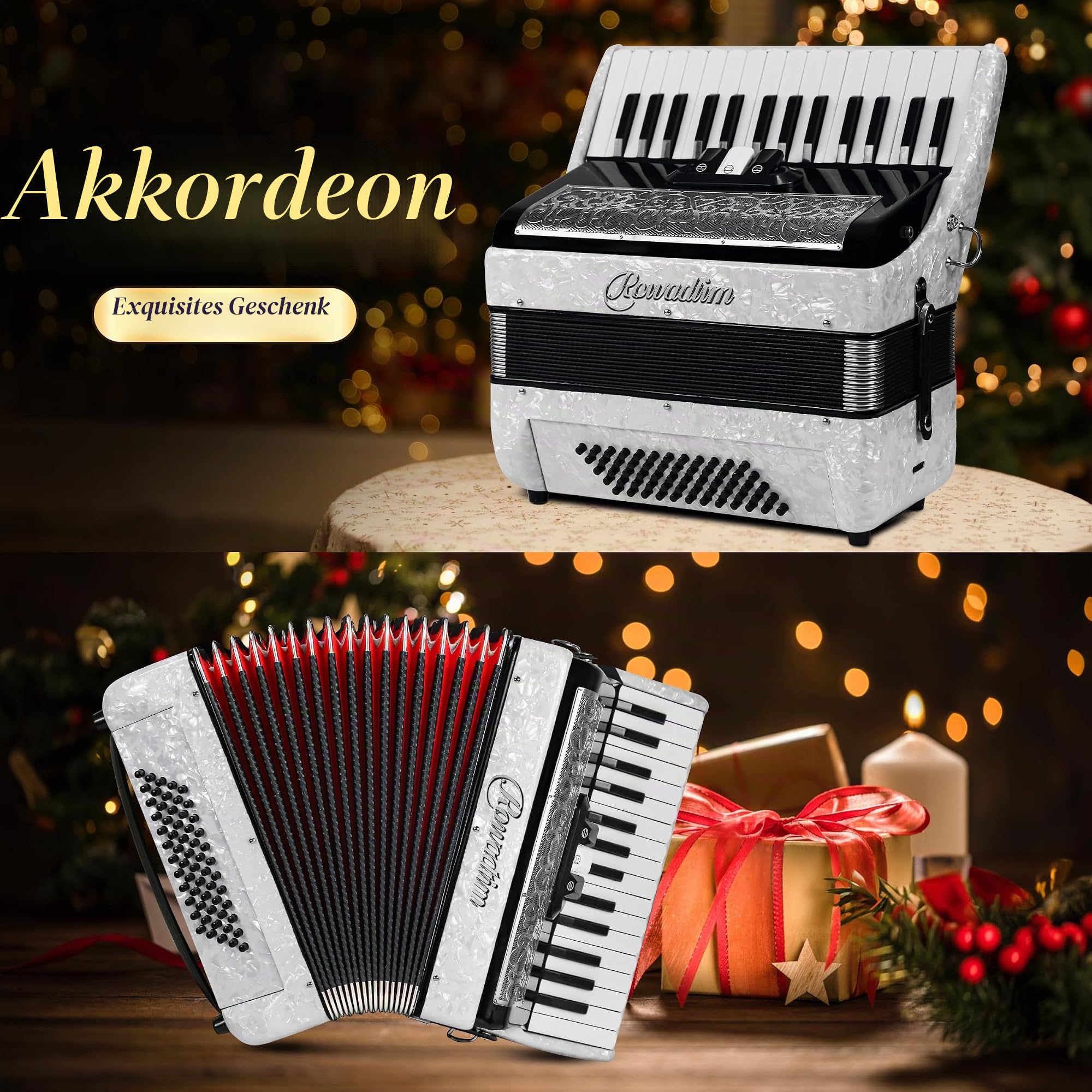 Akkordeon - 30 Tasten 60 Bass Professionelles Keyboard mit Rucksack & Gurt, ideal für Anfänger, Erwachsene, Studenten & Musikliebhaber (Weiß)