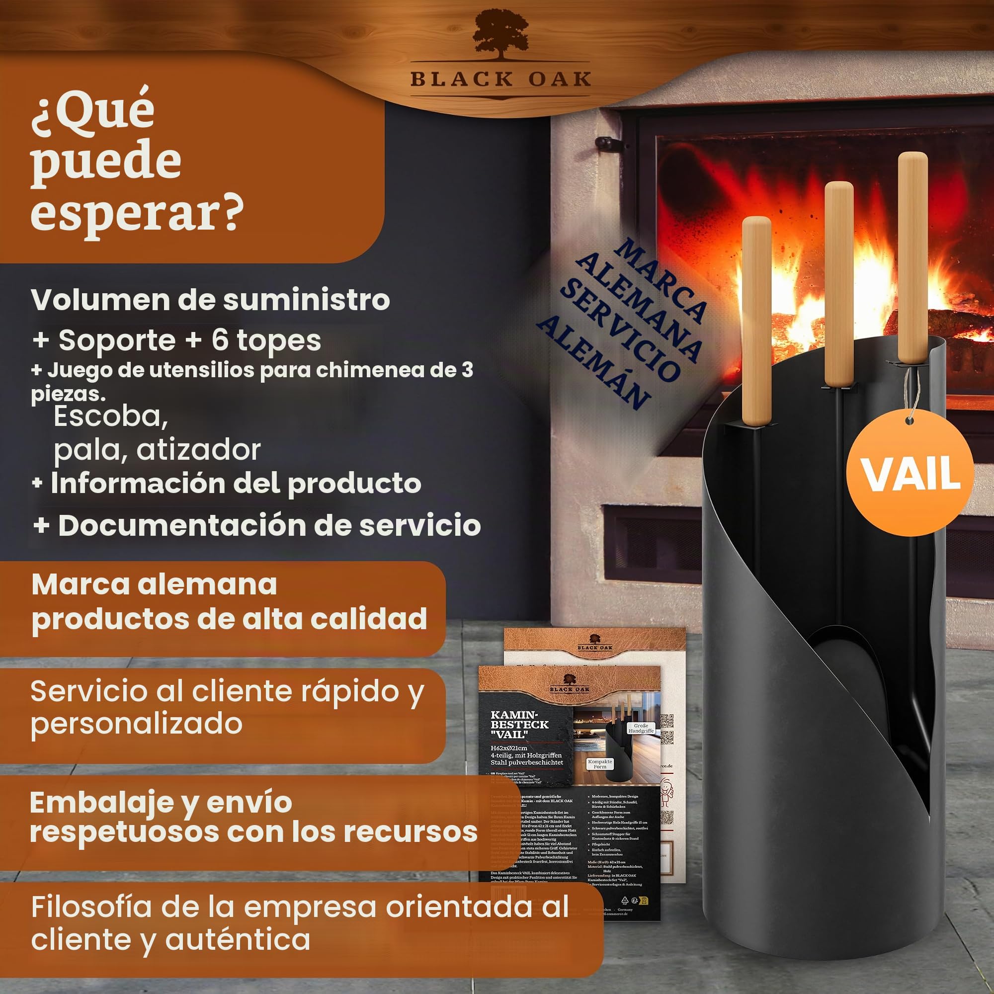 BLACK OAK Juego de utensilios para chimenea VAIL 4 piezas - juego moderno de utensilios para estufa negro con mango de madera 4 piezas con atizador, pala para cenizas, escobilla para chimenea +