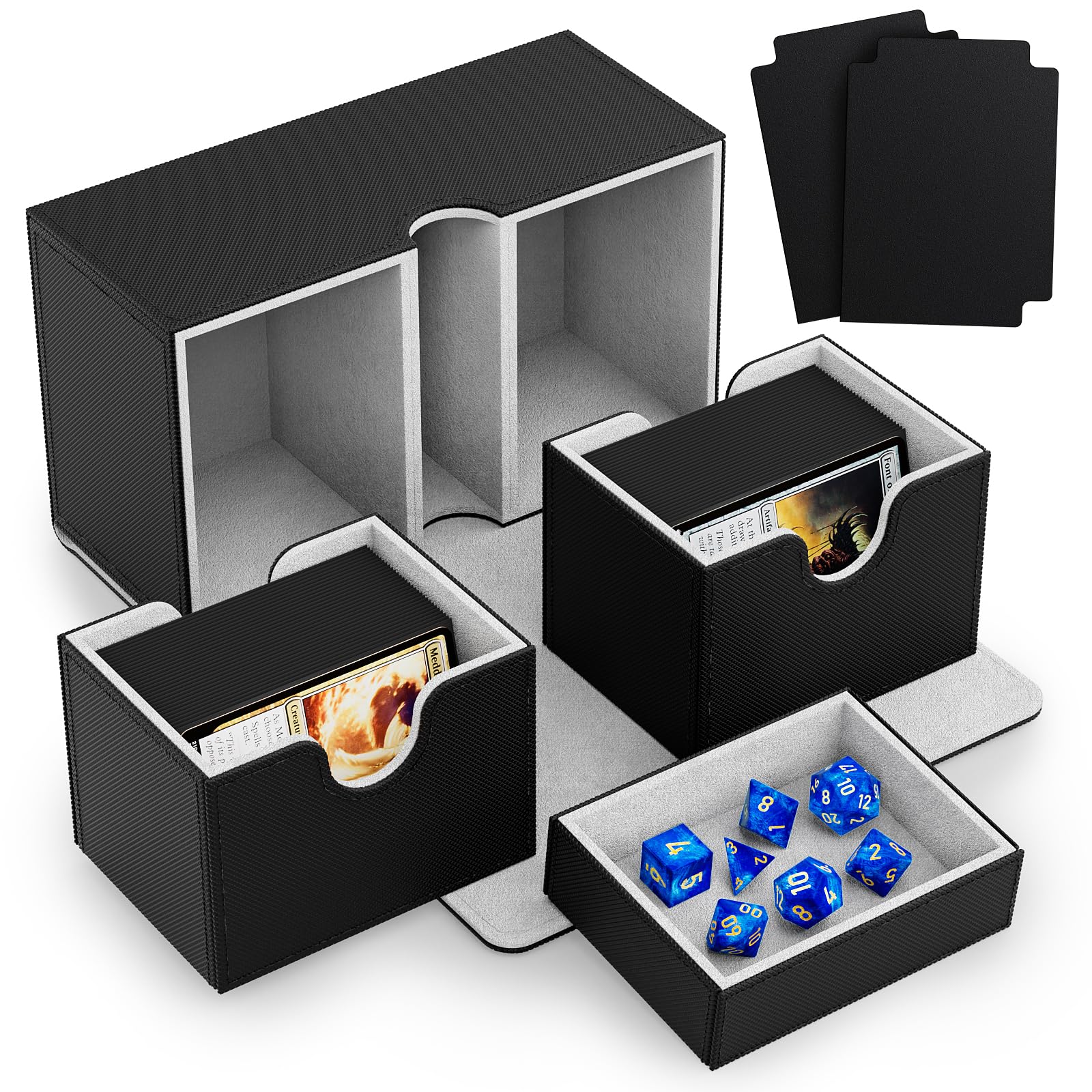 Card Deck Box Fit For MTG Commander Deck Box with Dice Tray Fits 200+ Double Sleeved Cards, PU Leather Double Card Deck Box with Card Dividers and Dice