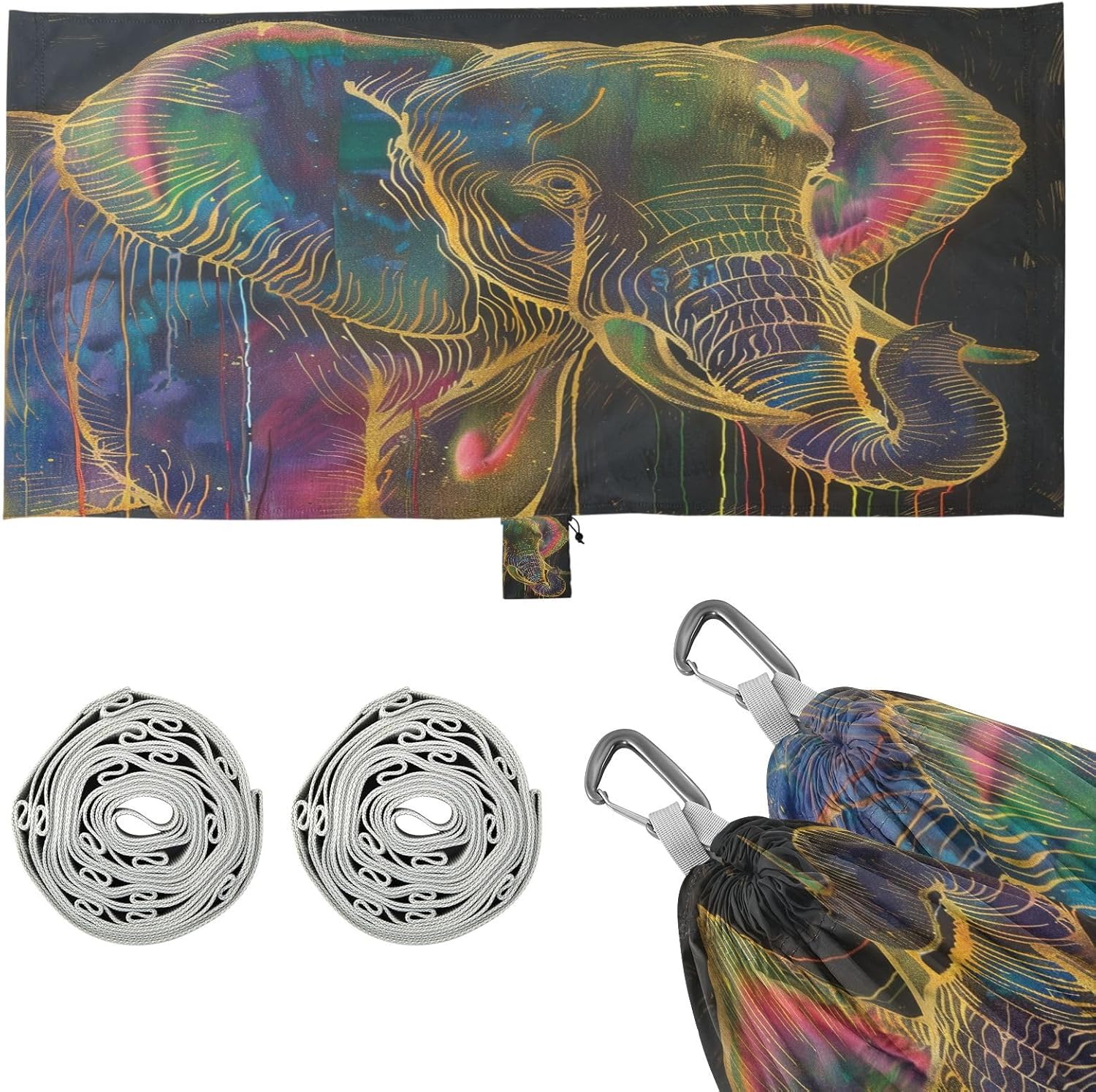 ALAZA Elephant Portrait Art Camping Hammocks Single or 2 Person 500 lbs Portable Parachute Travel Hammock w/Tree Straps for Hiking Backpacking Indoor Outdoor