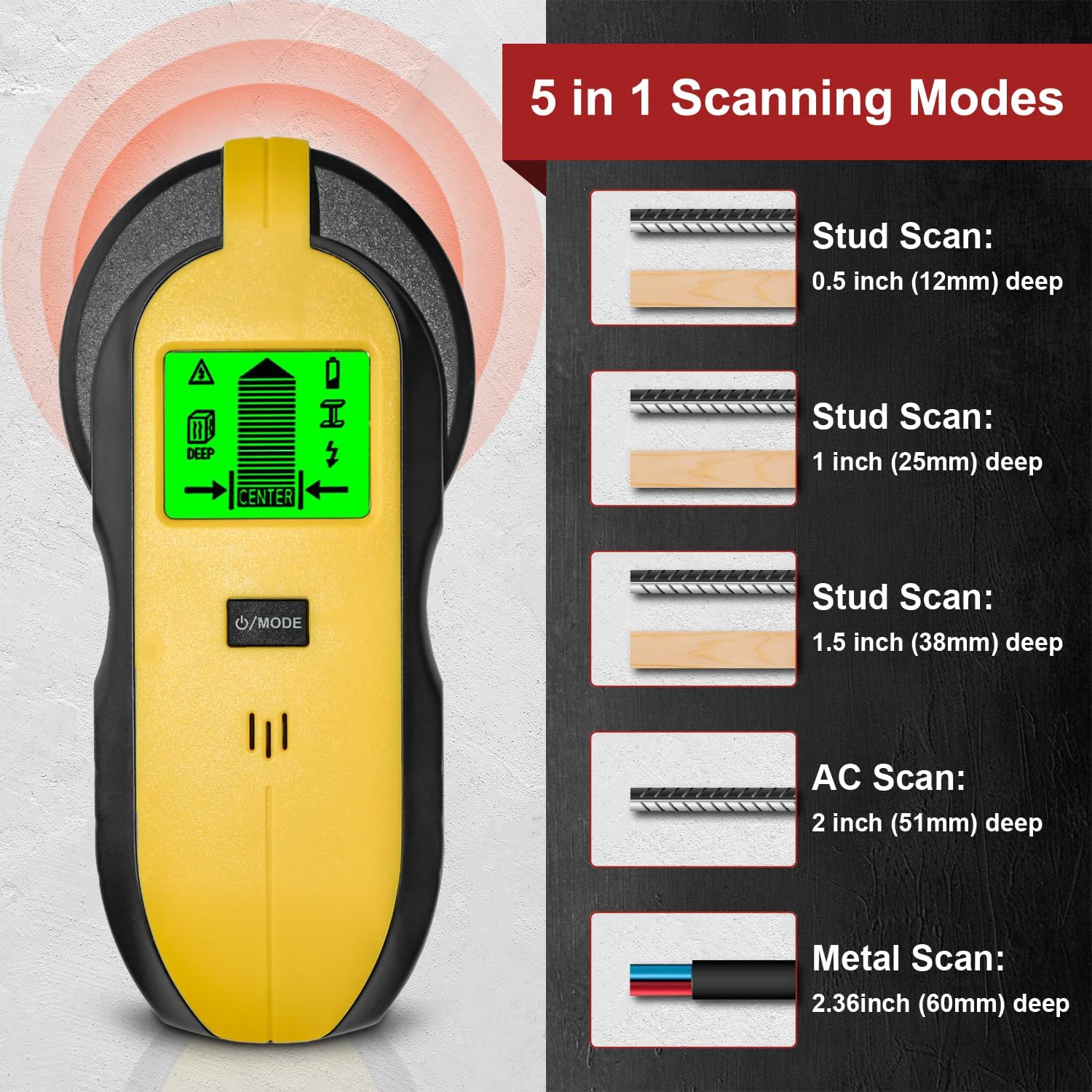 eOUTIL 5-in-1 Stud Finder showing different scanning modes and depths