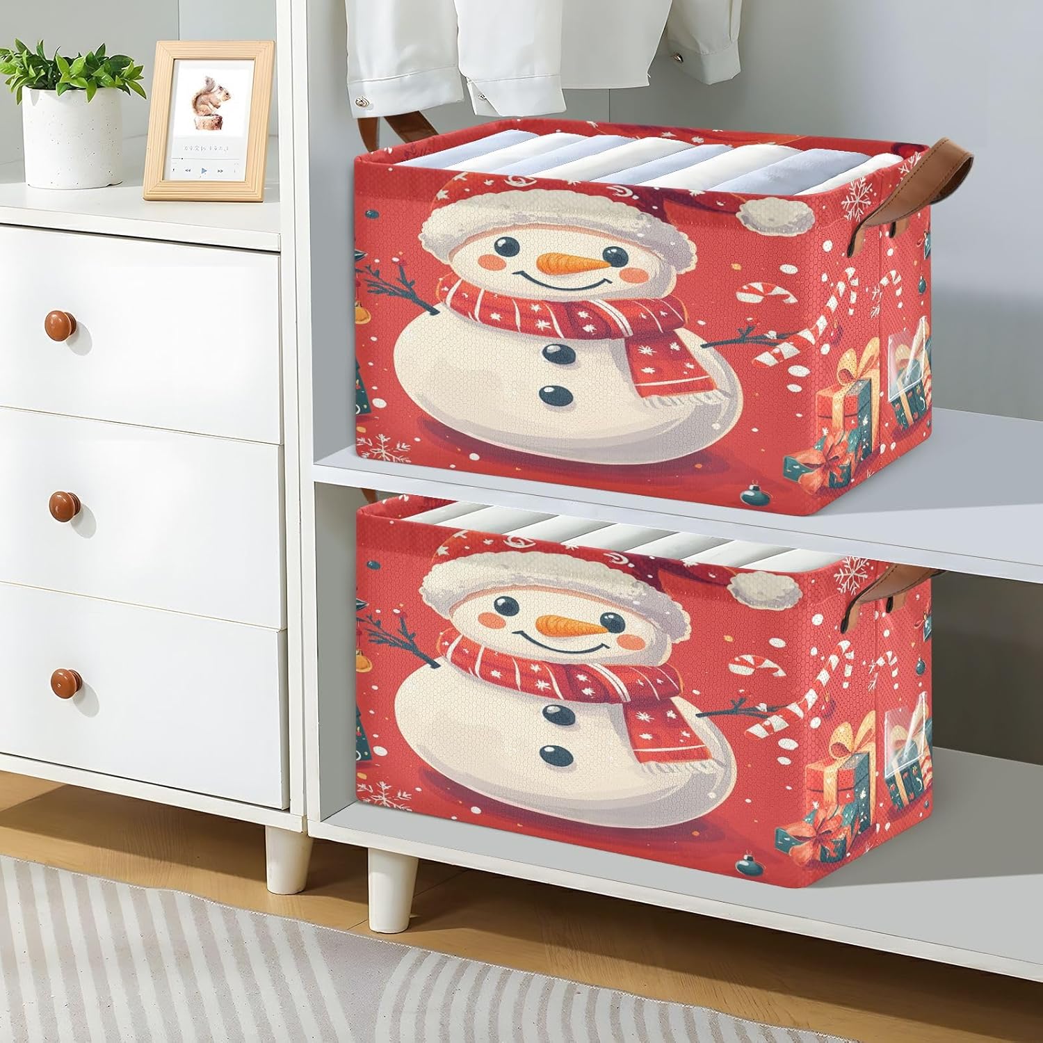 Christmas Snowman Red 2 Pack Fabric Storage Bins for Shelves Collapsible Cube Storage Bin Basket Storage Cubes with Handle Under The Bed Storage Bins for Home Closet Clothes Office