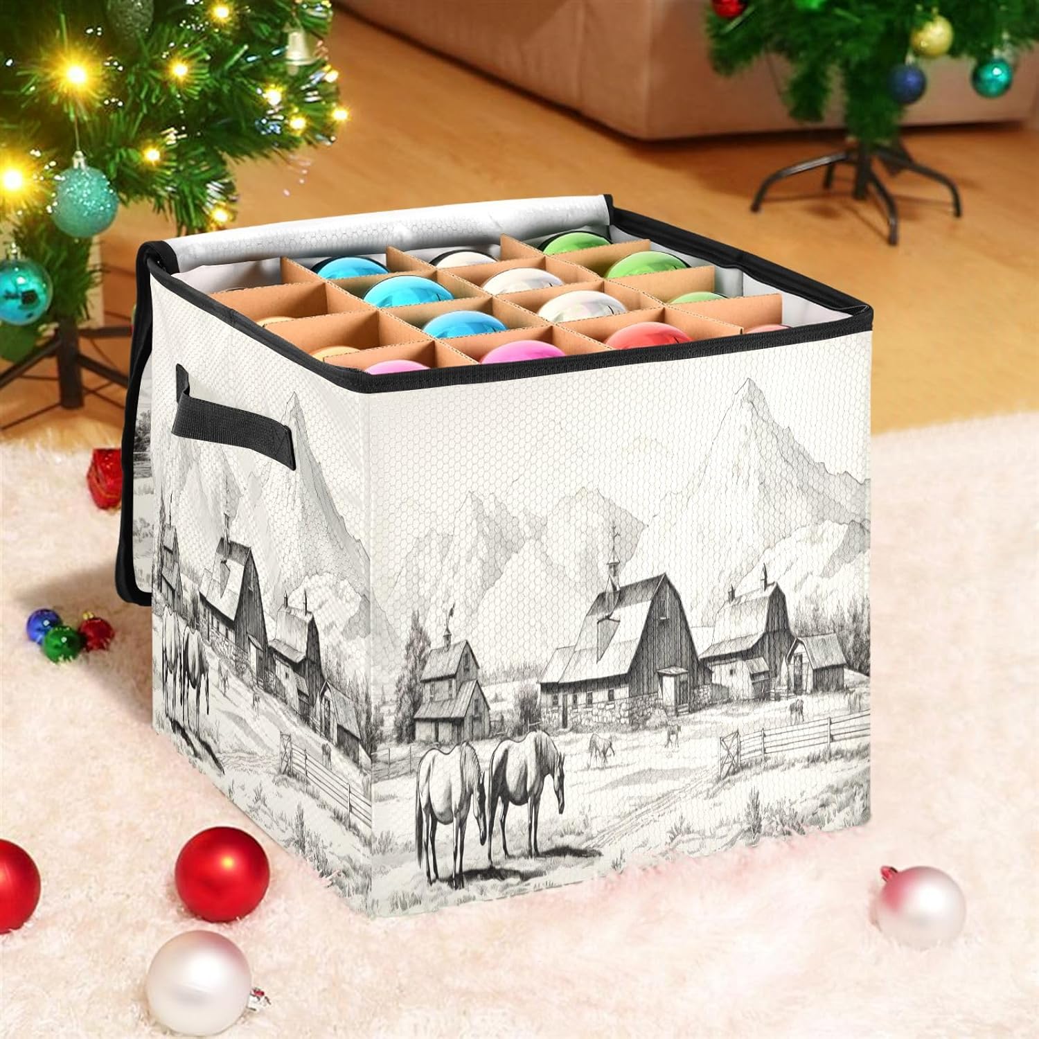 Horses in Ranch 13 Inch Christmas Ornament Storage Box with Lid - Holiday Decor Storage Containers, Stores 64 Ornaments, 3 Inch Cube Compartments