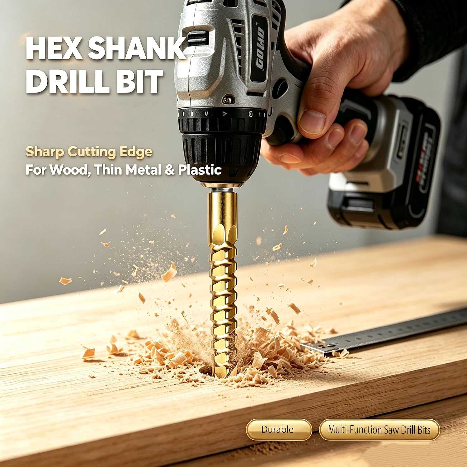 6Pcs Titanium Coated HSS Twist Drill Bit Set, 1/8”-1/2” Wood Drill Bits with Hex Shank, Serrated Cutting Wood Drilling Set Woodworking Hinge Cutter Tool Kit for Wood Plastic Plywood Thin Metal