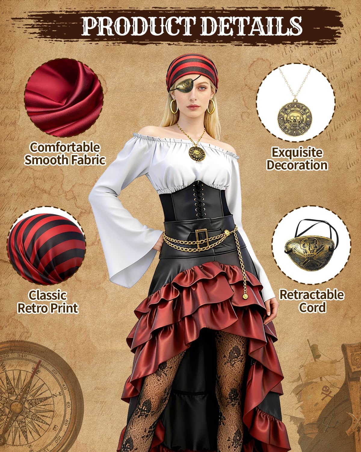 Pirate Costume Women Outfit with Renaissance Pirate Shirt Skirt Corset Waist Belt Accessories Set for Halloween - Image 4