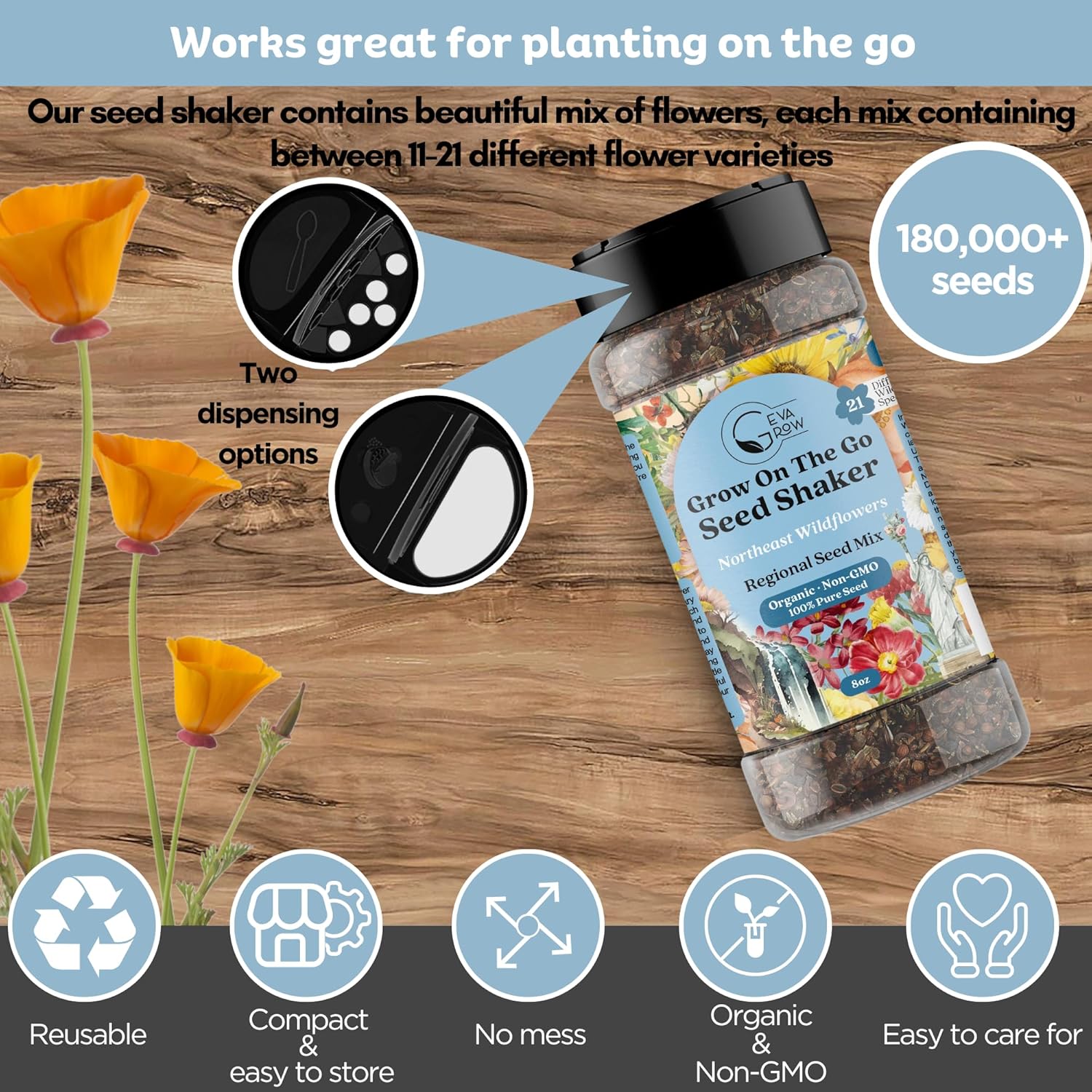 on the Go Regional Wildflower Seed Shaker - Northeast USA Wildflowers - 100% Pure Seed - Organic, Non-GMO - 21 Wildflower Variety Seeds of Annual & Perennial, 8oz