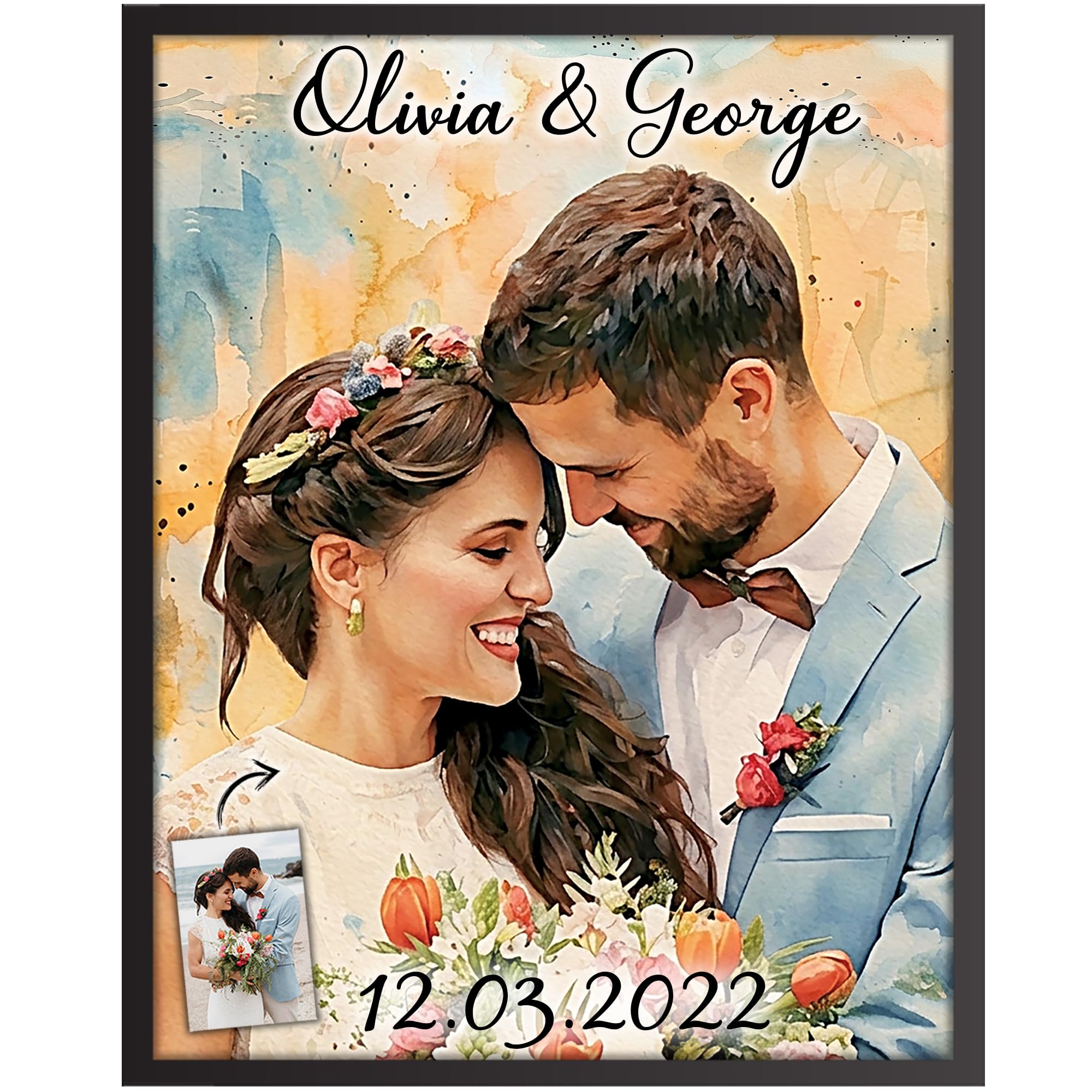 LOVY Personalised WATERCOLOUR Photo Print with Text, Custom Photo to Art, Premium Fine Art Wall Decor, Unique Gift for Couples, Birthday, Family, Wedding, Anniversary, 25 x 20 cm (10x8in)