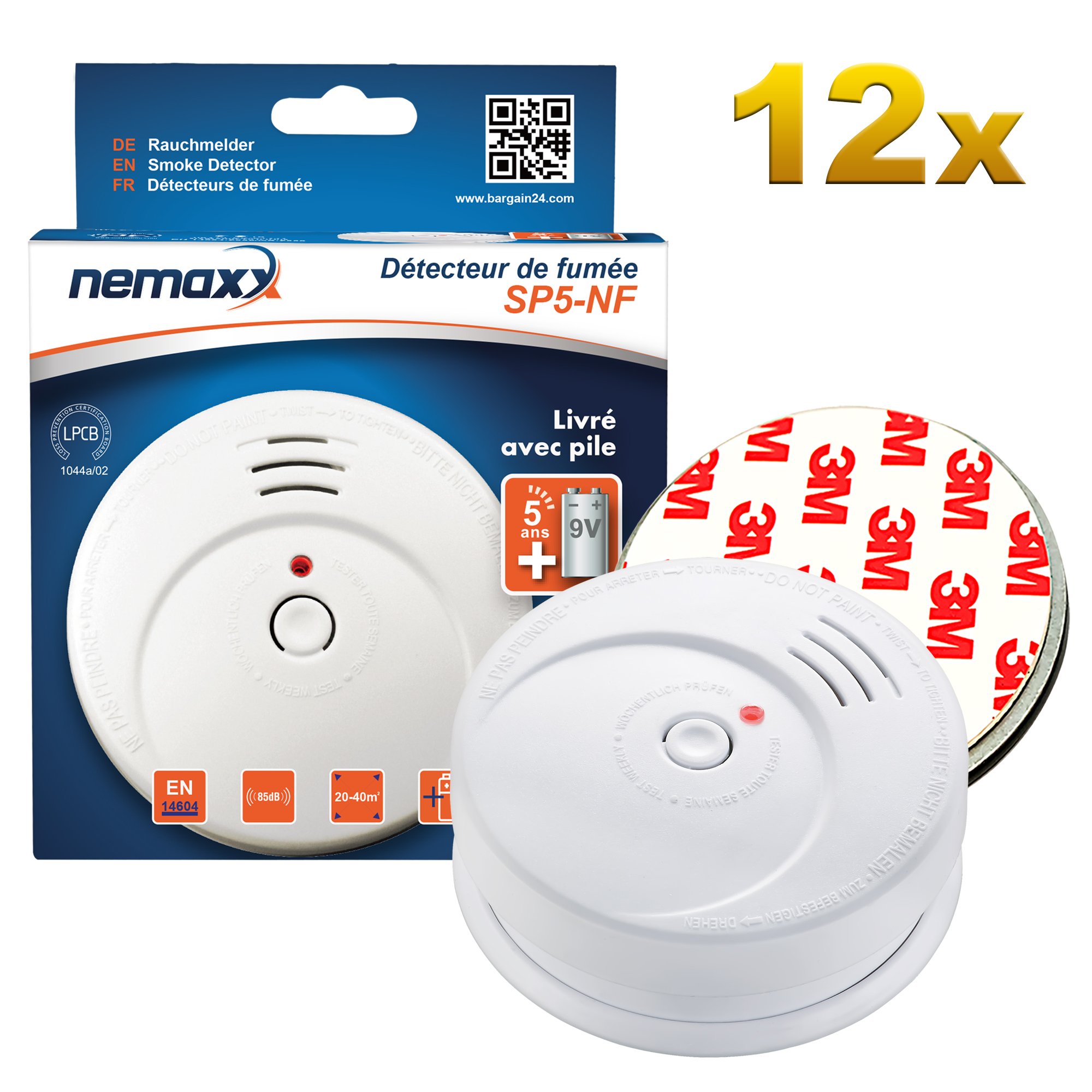 Nemaxx 6890 SP5-NF-Detector de Humo Unidades, con tecnología fotoeléctrica Sensible según EN 14604, con Certificado NF, Soportes magnéticos, 12er-Paket, Set de 12 Piezas