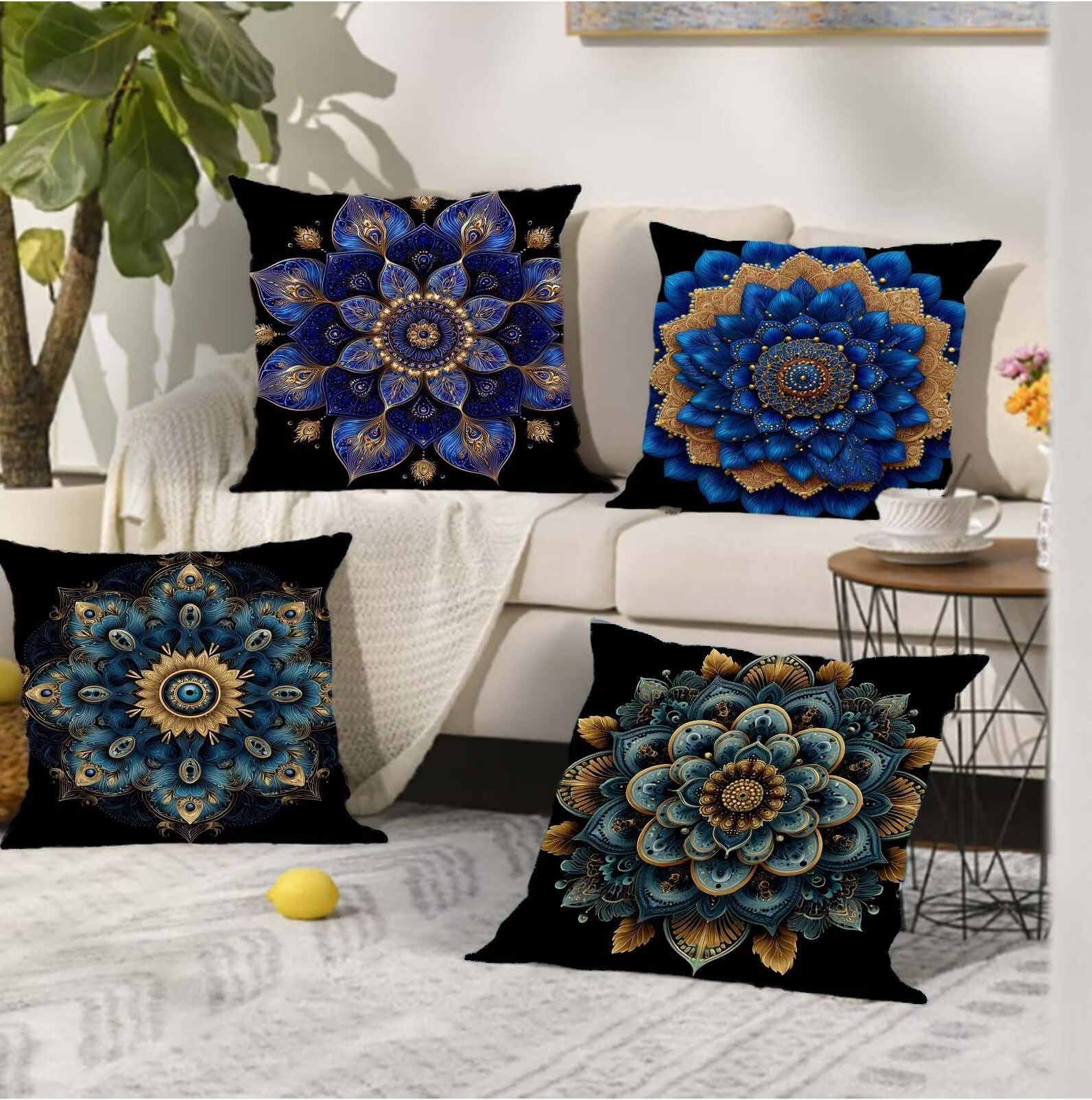 Outdoor Kissen Wasserdicht Navy Tiefblaue Mandala, Kissenbezug 60x60 (4er Set Kissenbezüge), Dekor Kissenbezüge Weich Dekokissen Modern Verstecktem Reißverschluss Samt Kissenhülle Für Wohnzimmer s-69
