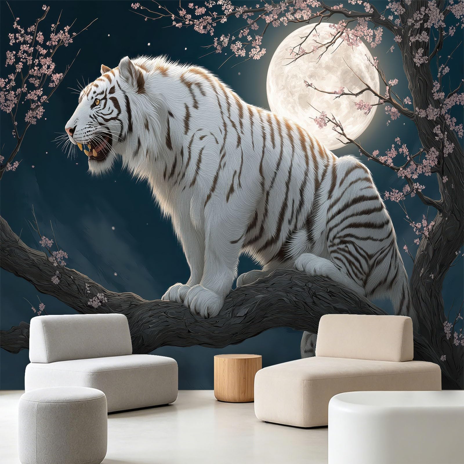 Carta da parati panoramica in tessuto non tessuto, fantasia animali, 350 x 256 cm, decorazione per soggiorno e camera da letto, effetto 3D, luna piena, fiori rami cielo notturno