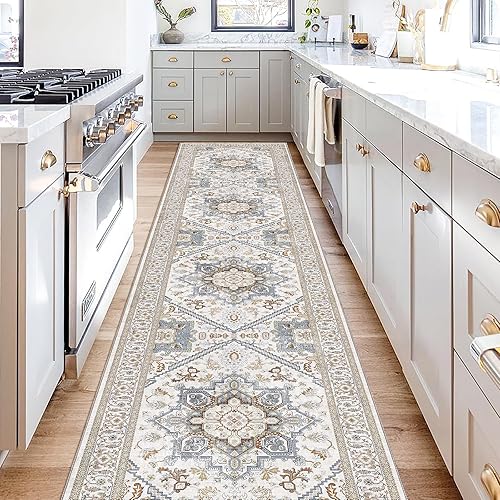 OPPODREAM Soft Entryway Rug 2x10, 2x10 Rug Runner, Neutral Washable Hallways Carpet 2 x 10 with Non Slip Backing, Low-Pile Bedside Carpet 2 x 10, Long, Faux Cashmere, Light Grey & Cream