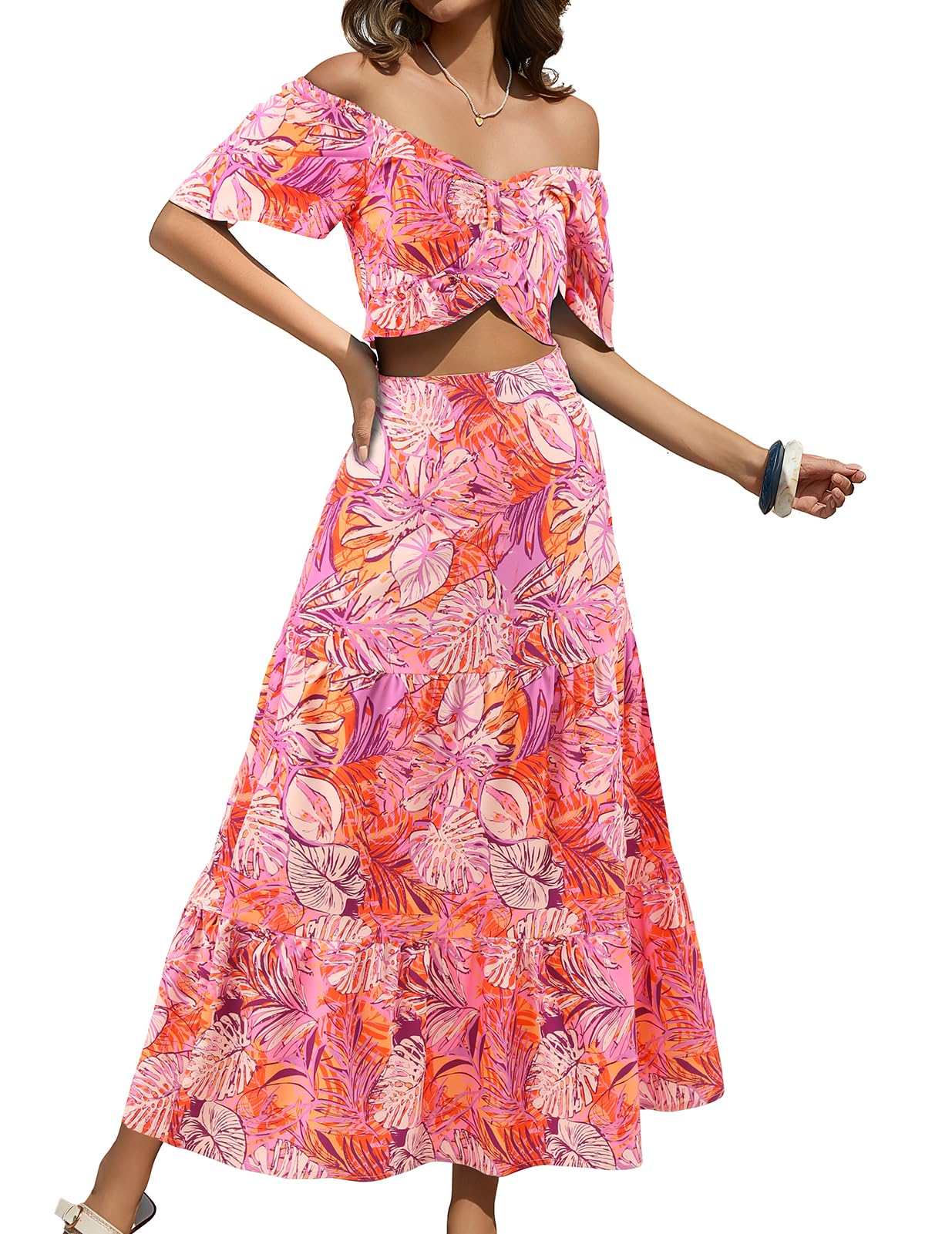 DRESSTELLS Women's 2 Piece Outfits, Floral Top Skirt Set, Long Spring Easter Vacation Beach Sets