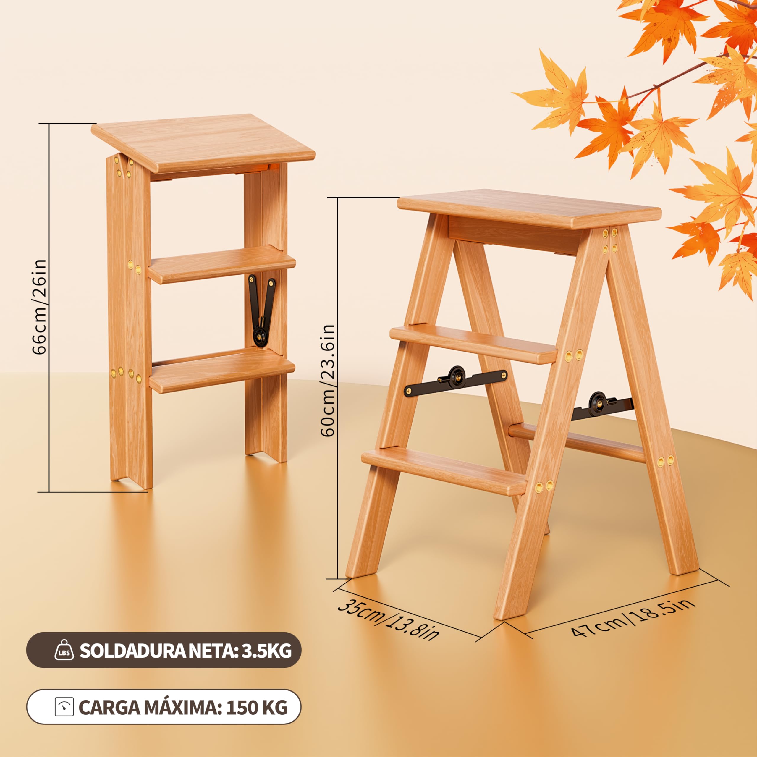 Escalera de 3 peldaños, Taburete Plegable de Madera, Silla Plegable, Antideslizante, portátil y Resistente para el hogar, la Cocina y la Oficina (Madera EW1)