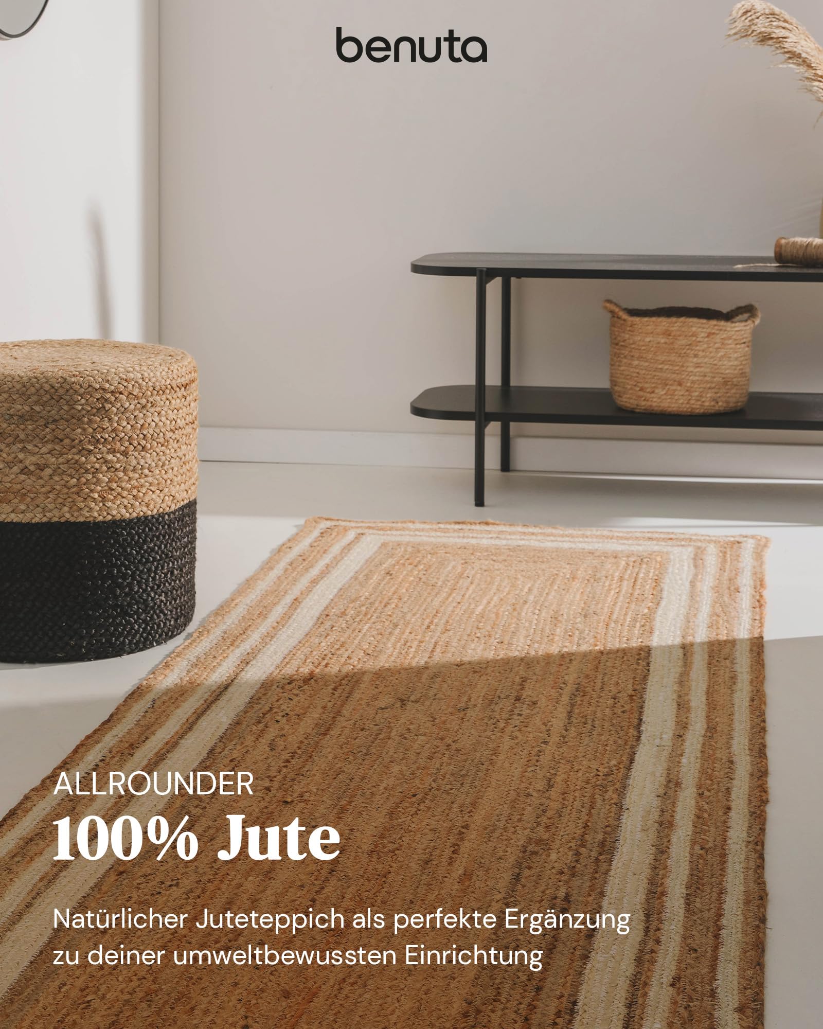 benuta Pure Jute Teppich Jutta - Natur 200x300cm - Weiße Bordüre - Handgewebter Wohnzimmerteppich - Natürliches Boho Design - Für Fußbodenheizung geeignet