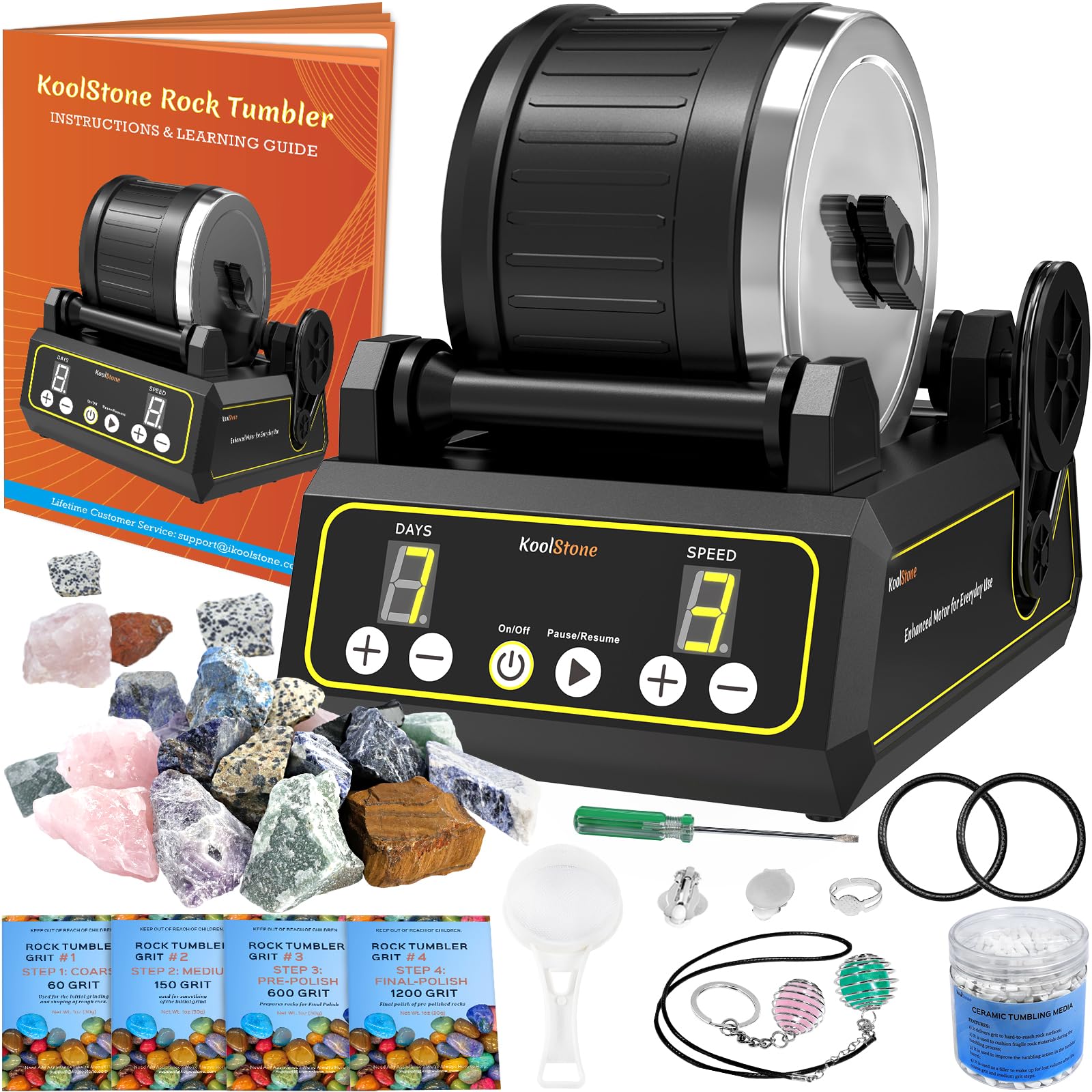 C1 Rock Tumbler Kit - Professional Large 2.5LB Capacity, Up to 5X More Noise Cancelling, Adjustable Timer & Speed with Full Accessories & Memory Function, Ideal for Adults Kids