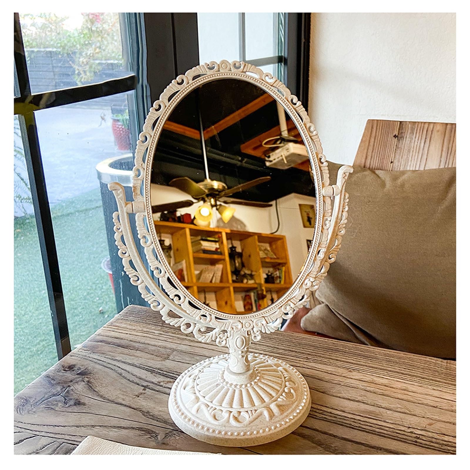 MESOVFCA 11.8 * 7.7in White Double Sided Vintage Cosmetic Mirror, Tabletop Vanity Mirror, 360 Degree Rotation Oval Desktop Stand Mirror