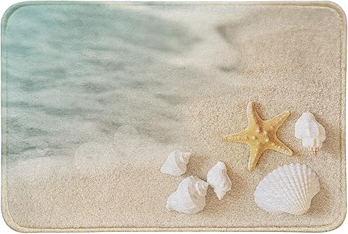 Alfombra de baño de terciopelo antideslizante y absorbente con estrellas de mar y orilla de mar, tapete de baño para entrada interior, tamaño único
