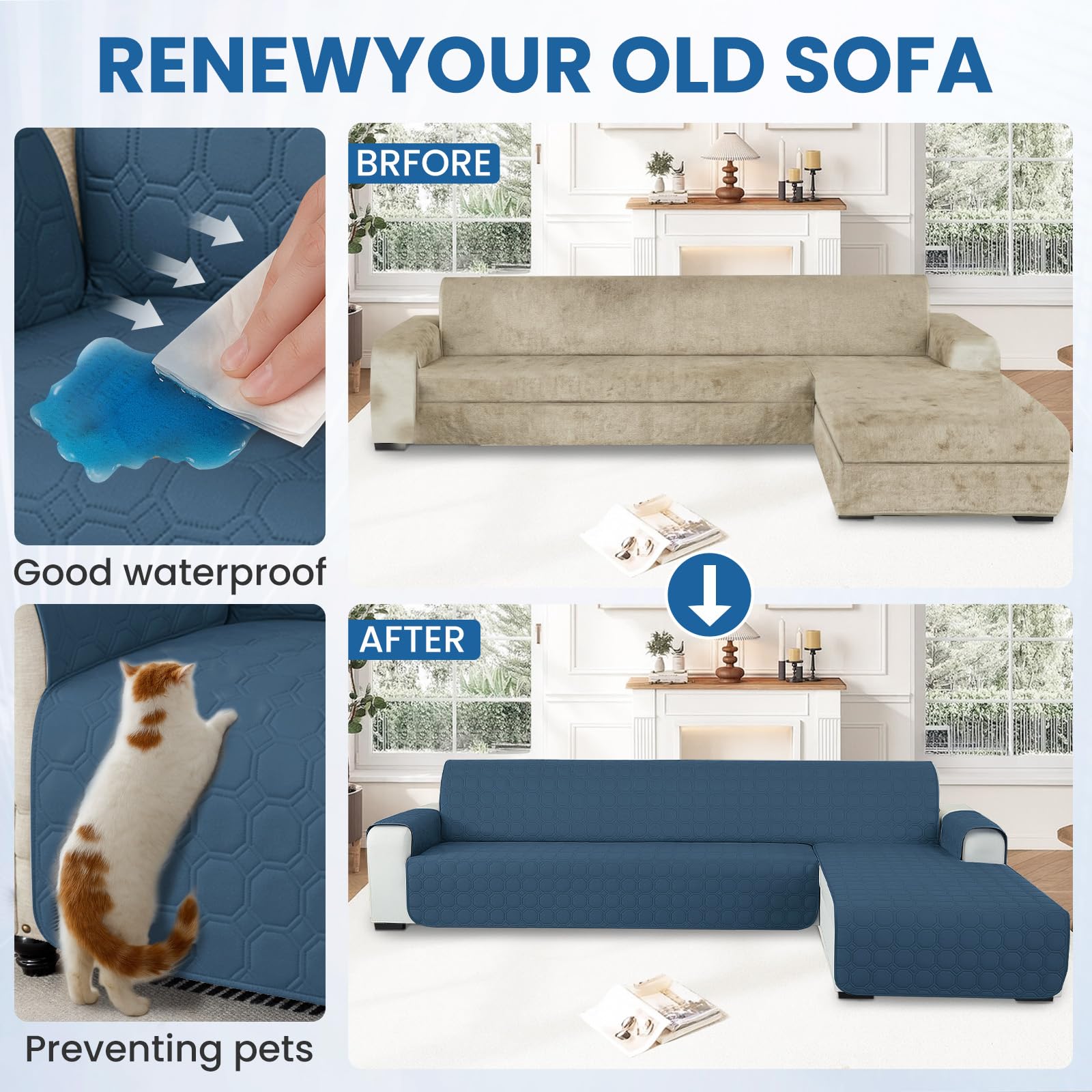 Ystyle Copridivano Impermeabile con Penisola 4 Posti (L 280 CM), Copridivano Angolare Destra/Sinistra Universale Reversibile, Copridivano Chaise Longue AntiGraffio Antimacchia, Blu Berlino