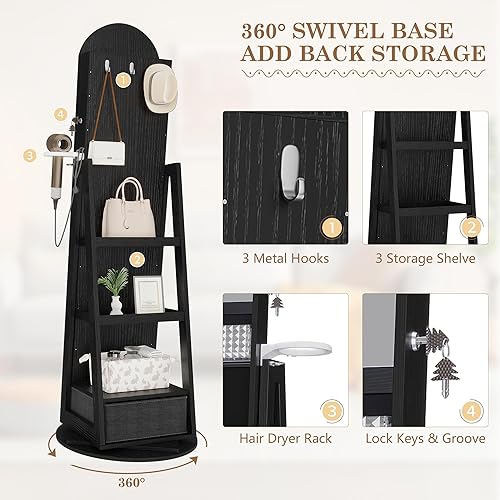 Miniatura 6 de LVSOMT Espejo iluminado de longitud completa con perchero, espejo giratorio de 360 con almacenamiento de joyas, espejo de piso con soporte de valet