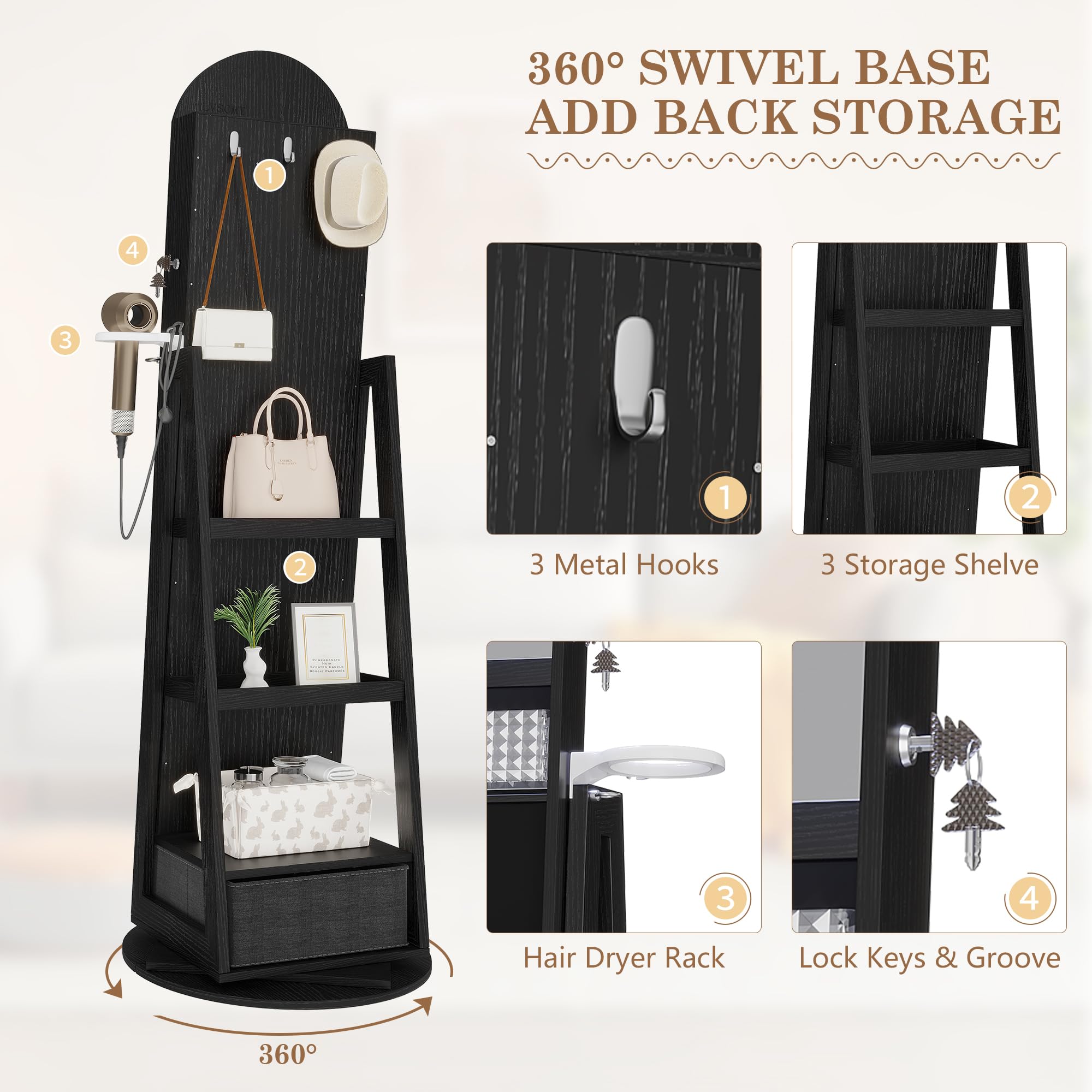 LVSOMT LED Bogen Schmuckschrank mit Spiegel, 360° Drehbar Standspiegel mit Schmuckschränke, Abschließbar Schmuckspiegelschrank mit Beleuchtung, Schmuckschrank Stehend Holz mit Stufiges Regal, Schwarz