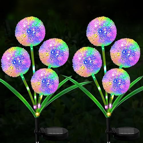 Idefair Luces solares decorativas para exteriores, paquete de 2 luces solares mejoradas de jardín de diente de león con 48 LED de colores, luces