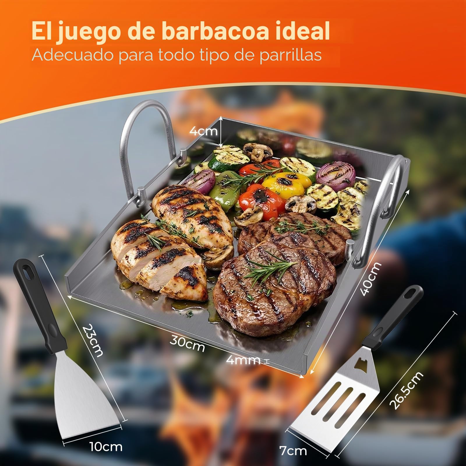 plancha para barbacoa de 40 x 30 cm con perforación, plancha acero inoxidable de 4 mm de grosor, Incluye espátula para barbacoa y mango resistente al calor y no se deforma