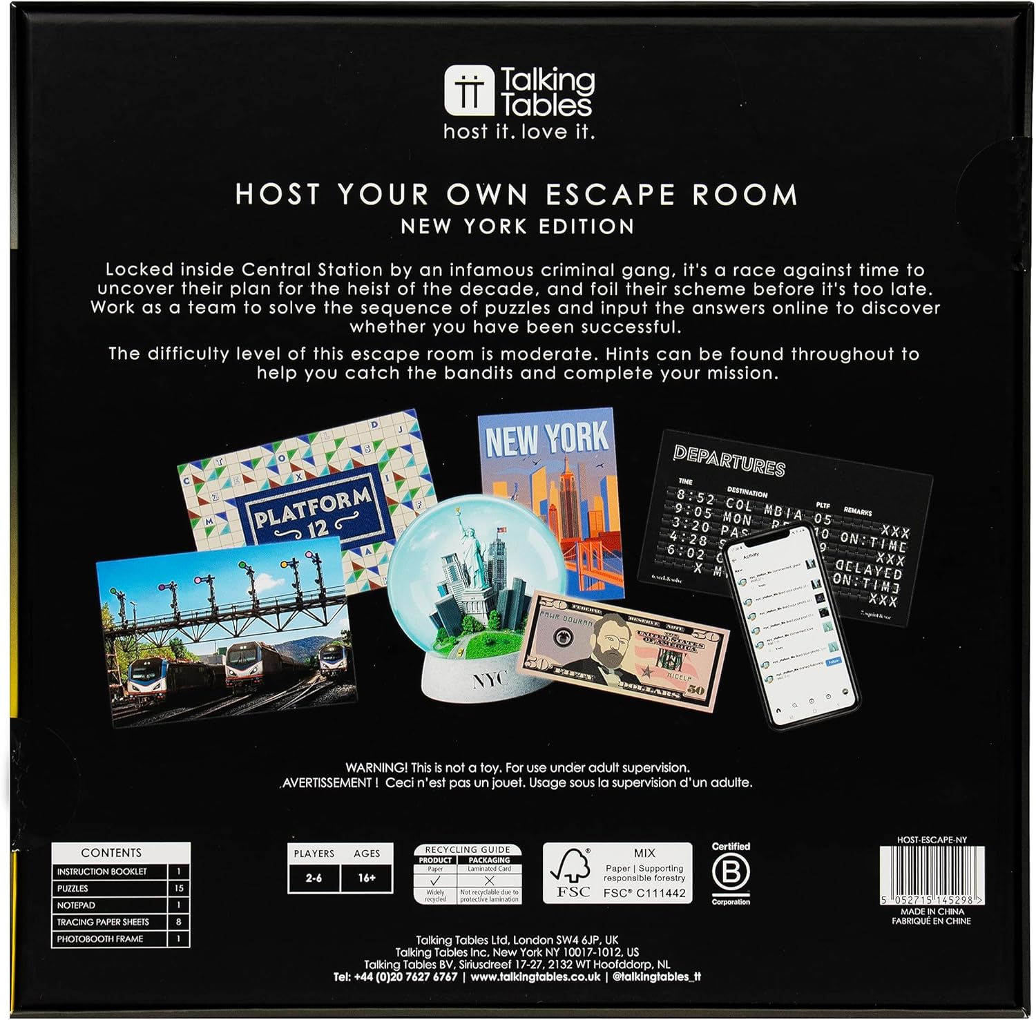 Talking Tables Host Your Own Escape Room Game New York Edition | Interactive Family Games Night | Solve Puzzles and Find Clues to Escape in time | 2-6 Players | Ages 16+ | Moderate Difficulty Level