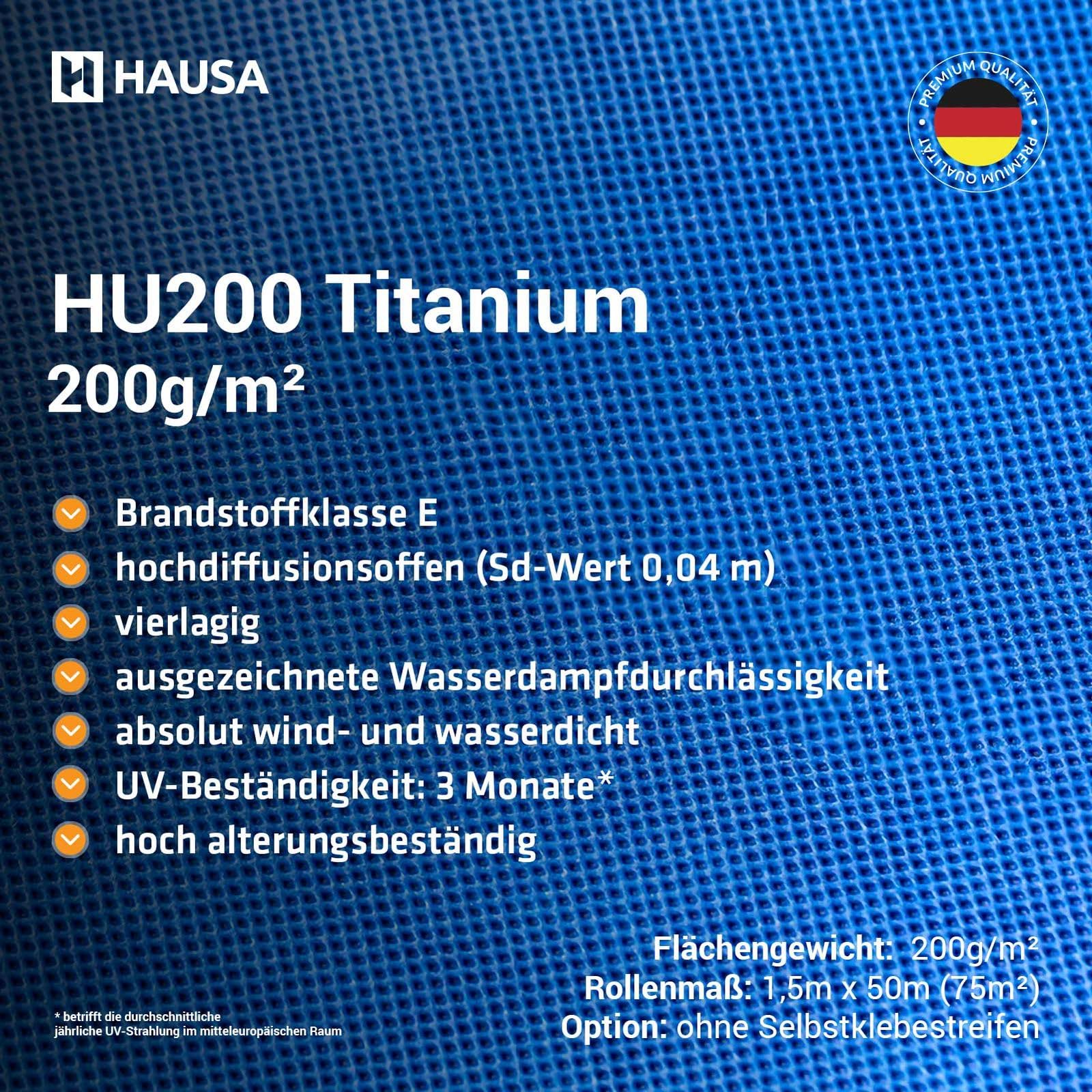 HAUSA Titanium HU200 Membrane de sous-toiture 200g/m² 225m² 3x(1,5mx50m) hautement perméable imperméable résistante aux intempéries au vieillissement indéchirable, avec 2 bandes autocollantes
