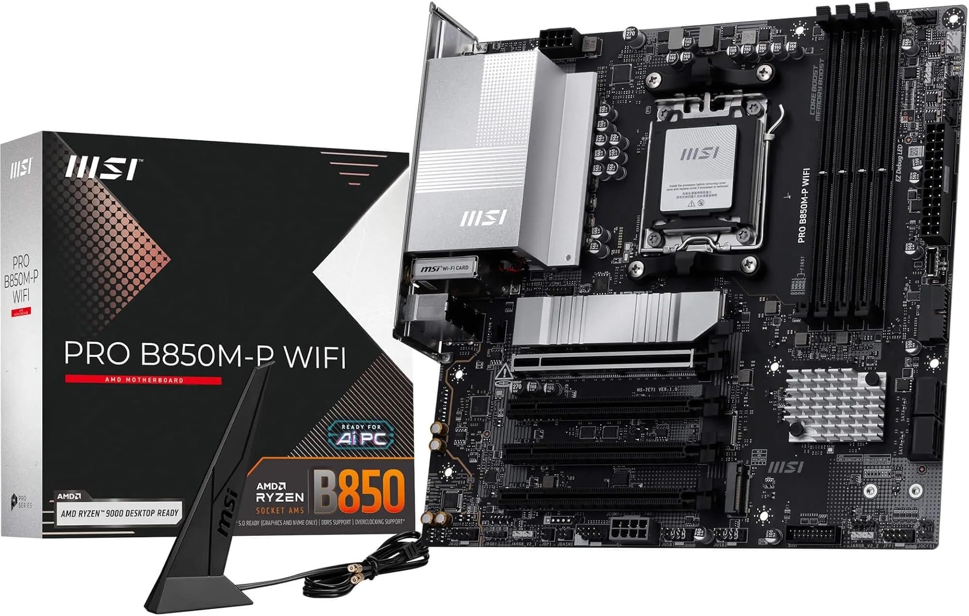 MSI PRO B850M-P WiFi Motherboard, ATX - Supports AMD Ryzen 9000/8000 / 7000 Processors, AM5 - DDR5 Memory Boost (8200+ MT/s OC), PCIe 5.0 x16 & 4.0 x16, M.2 Gen5, Wi-Fi 7, 5G LAN