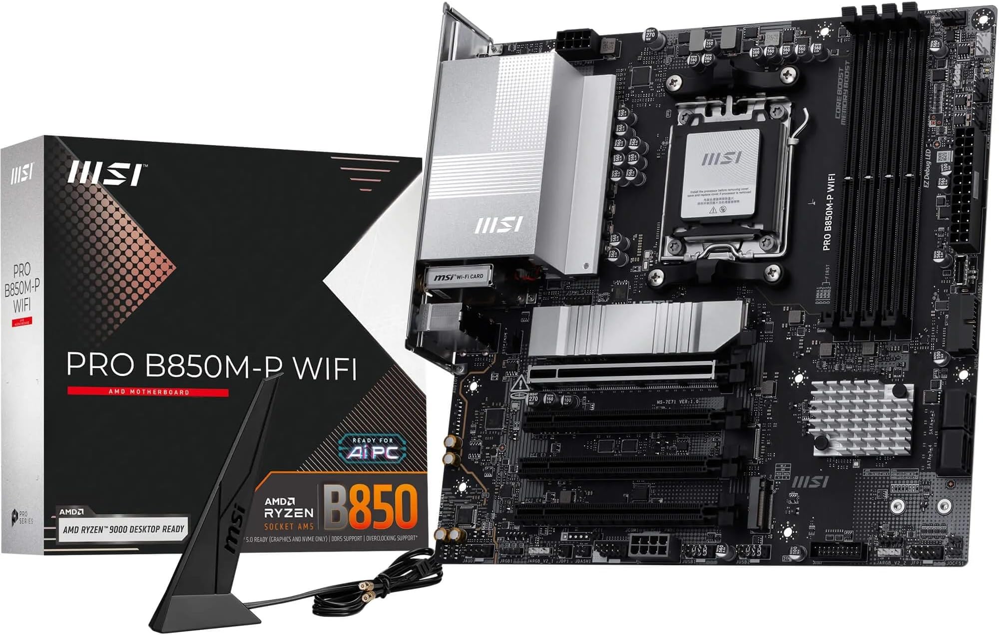 MSI PRO B850M-P WiFi Motherboard, ATX - Supports AMD Ryzen 9000/8000 / 7000 Processors, AM5 - DDR5 Memory Boost (8200+ MT/s OC), PCIe 5.0 x16 & 4.0 x16, M.2 Gen5, Wi-Fi 7, 5G LAN