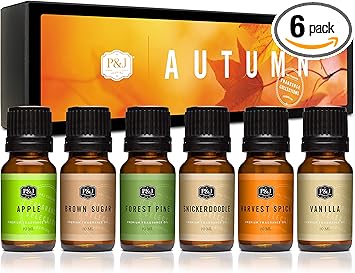P&J Fragrance Oil Autumn Set | Brown Sugar, Apple, Harvest Spice, Vanilla, Forest Pine, and Snickerdoodle Candle Scents for Candle Making, Freshie, Soap Making Supplies, Diffuser Oil Scents